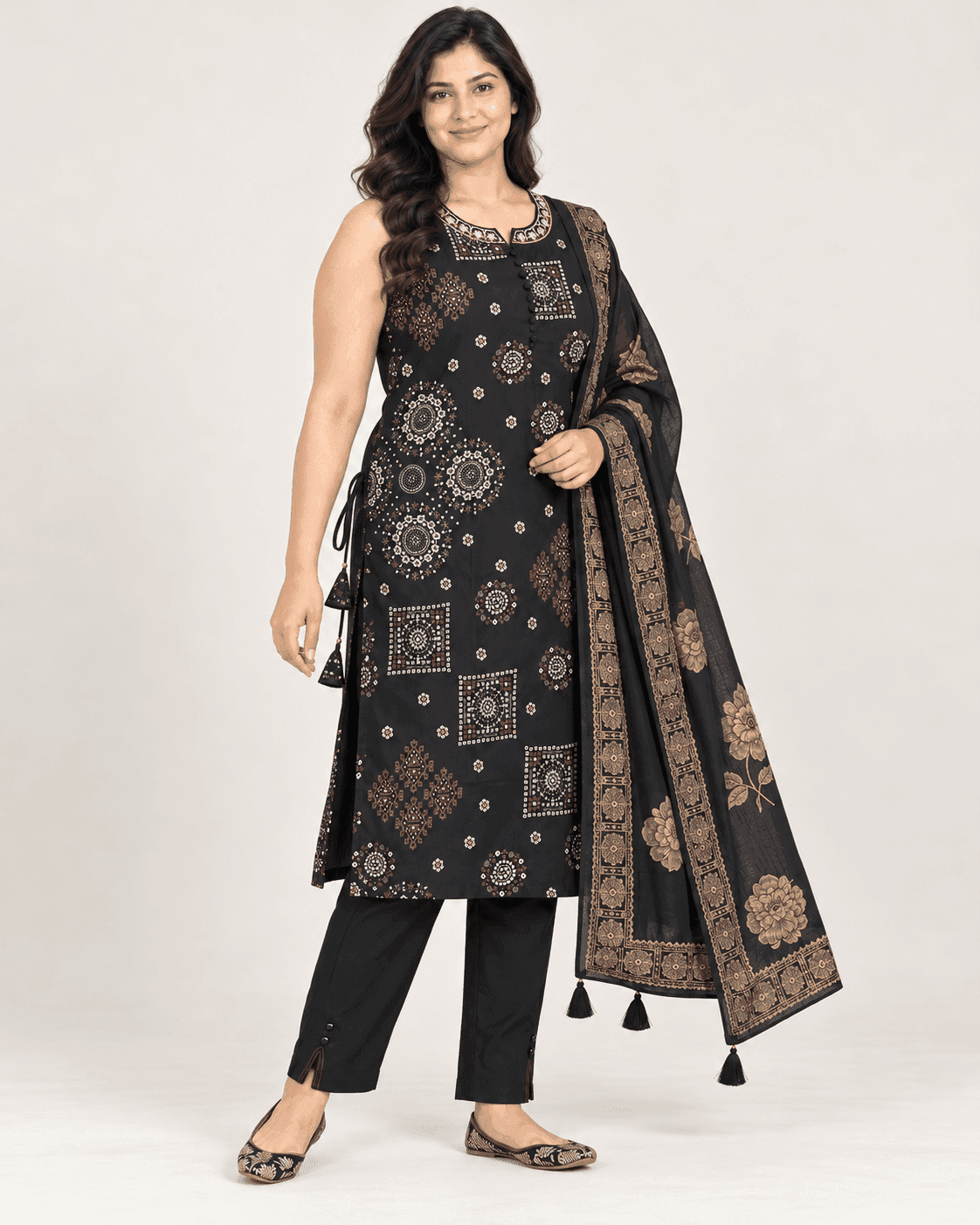Geometric-Print Long Kurti, Pants & Dupatta Set — 3 Piece (Black / Dark Pink / Pista), photo 5 of 14