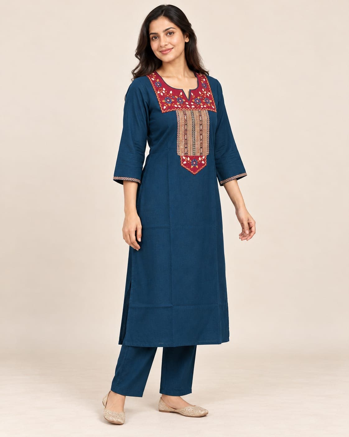 Deep Teal Floral-Yoke Kurti & Pants — 2-Piece Set, photo 2 of 4
