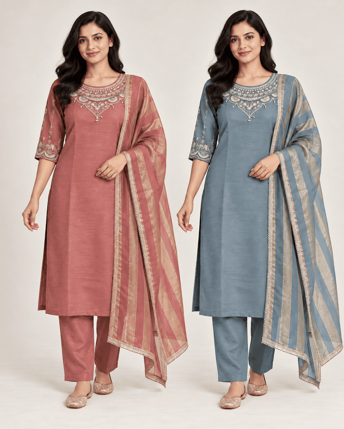 Embellished Round-Neck Kurti, Pants & Striped Dupatta Set — 3 Piece (Pink / Blue-Grey), photo 9 of 9