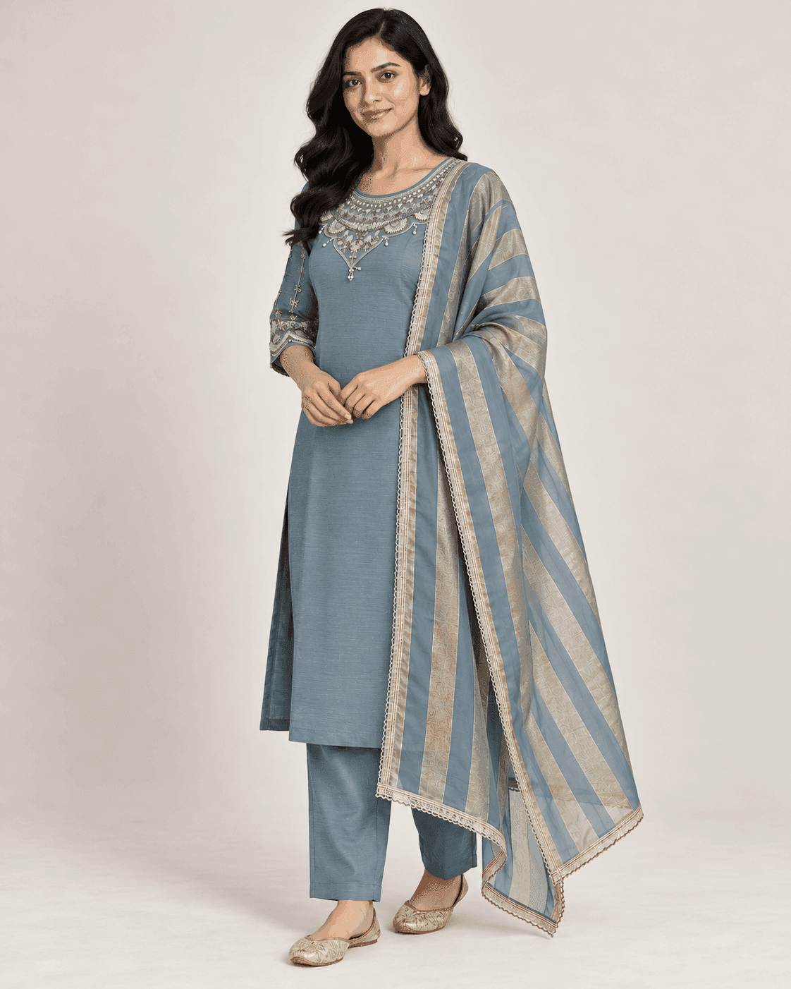 Embellished Round-Neck Kurti, Pants & Striped Dupatta Set — 3 Piece (Pink / Blue-Grey), photo 4 of 9