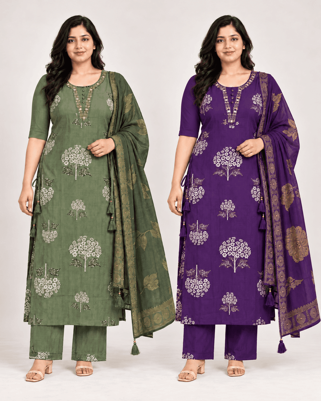 Floral-Tree Printed Long Kurti, Pants & Dupatta Set — 3 Piece (Pista Green / Purple), photo 13 of 13