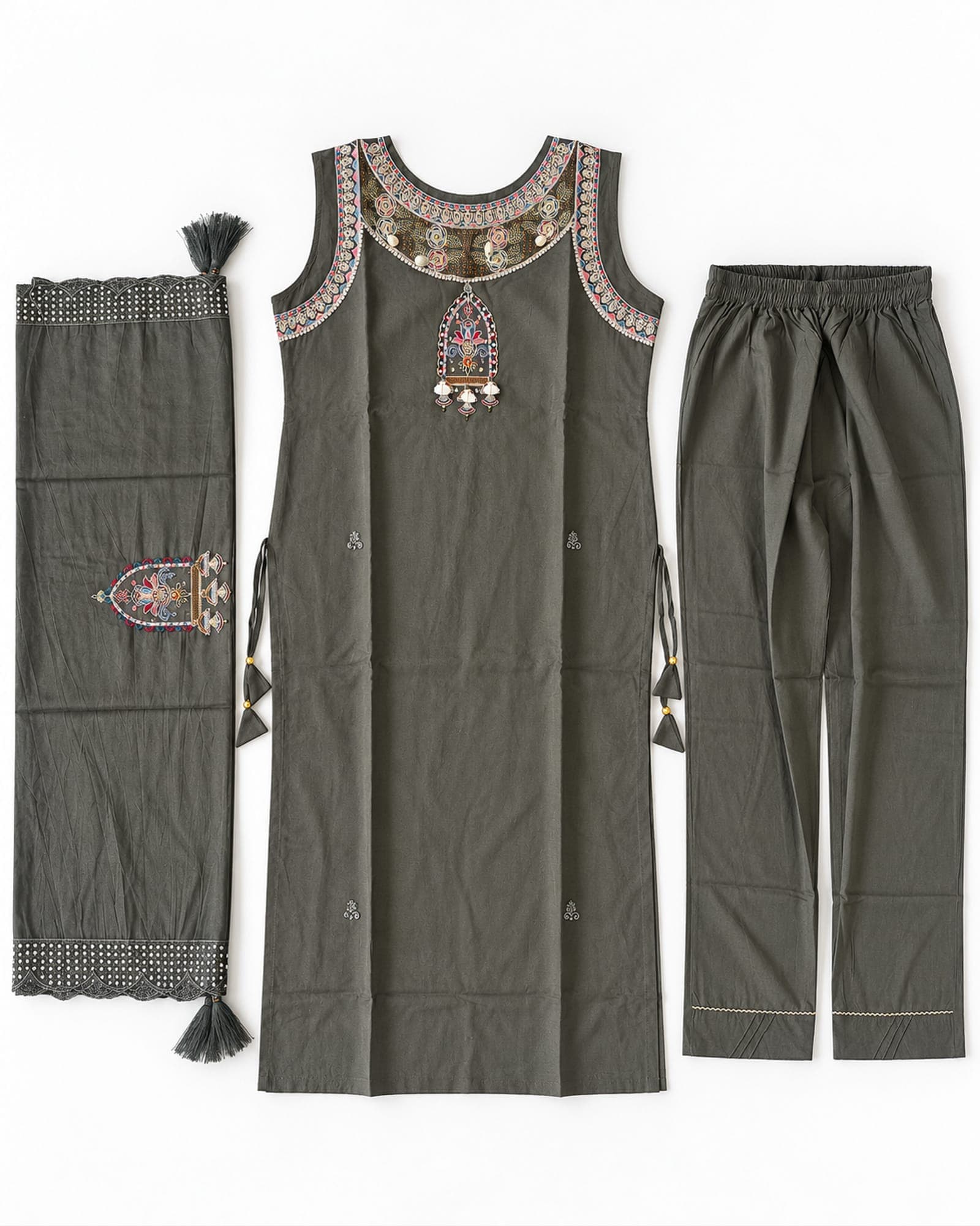 Charcoal Grey Embroidered Kurti, Straight Pants & Dupatta Set — 3 Piece, photo 7 of 8