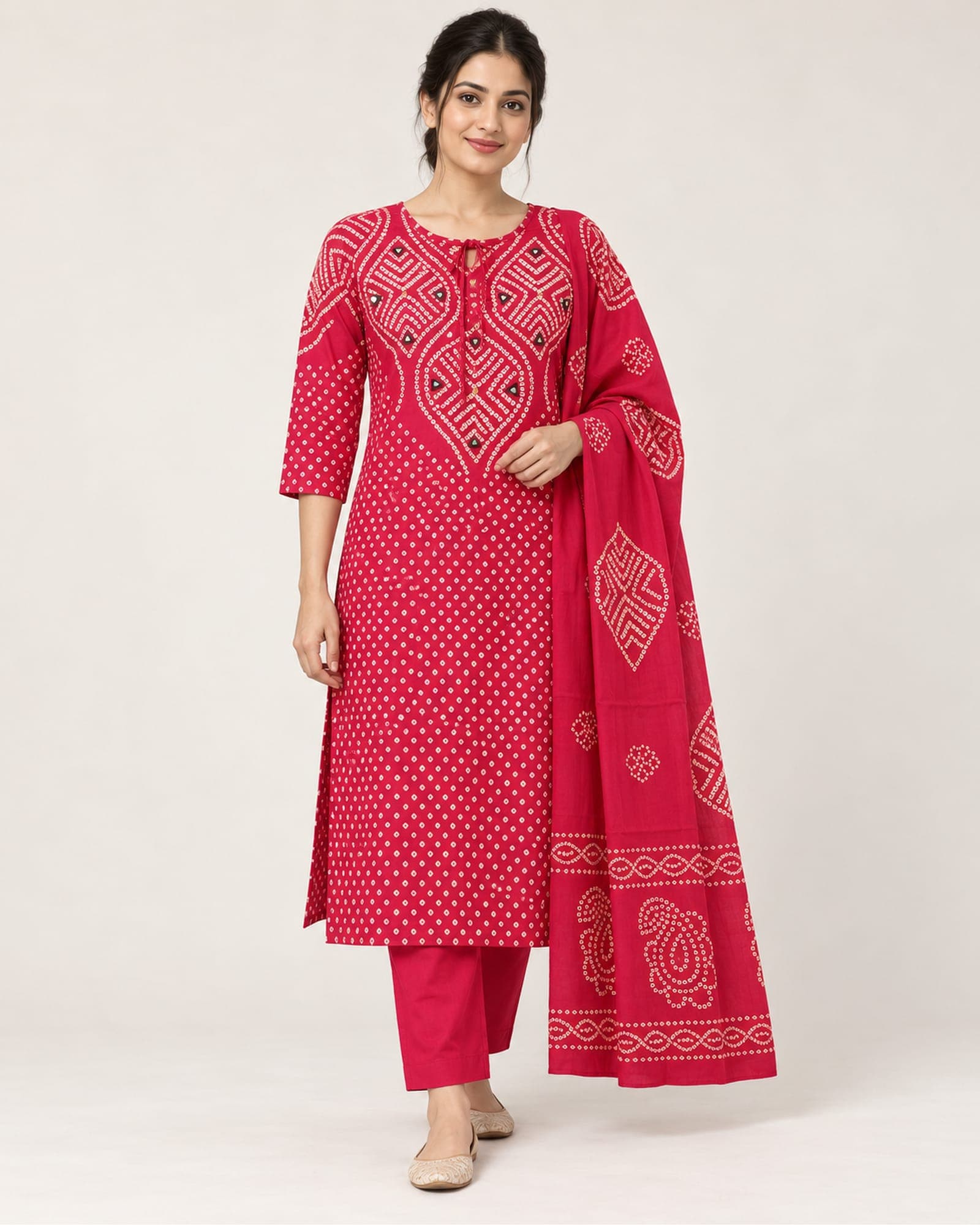 Gaji-Work Bandhani-Style 3-Piece Kurta Suit with Straight Pants & Dupatta