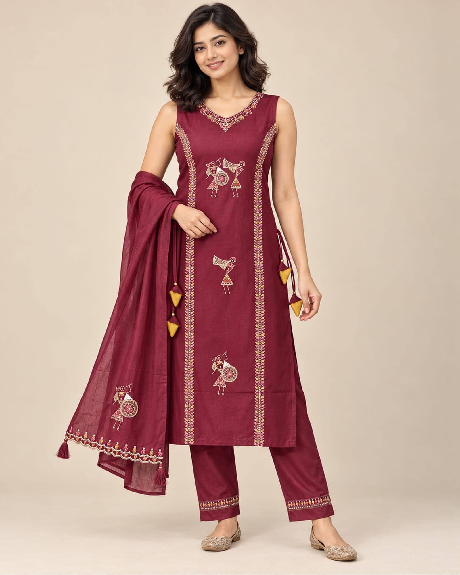 Wine Maroon Musician-Embroidered Kurti, Pants & Dupatta Set — 3 Piece, photo 2 of 6