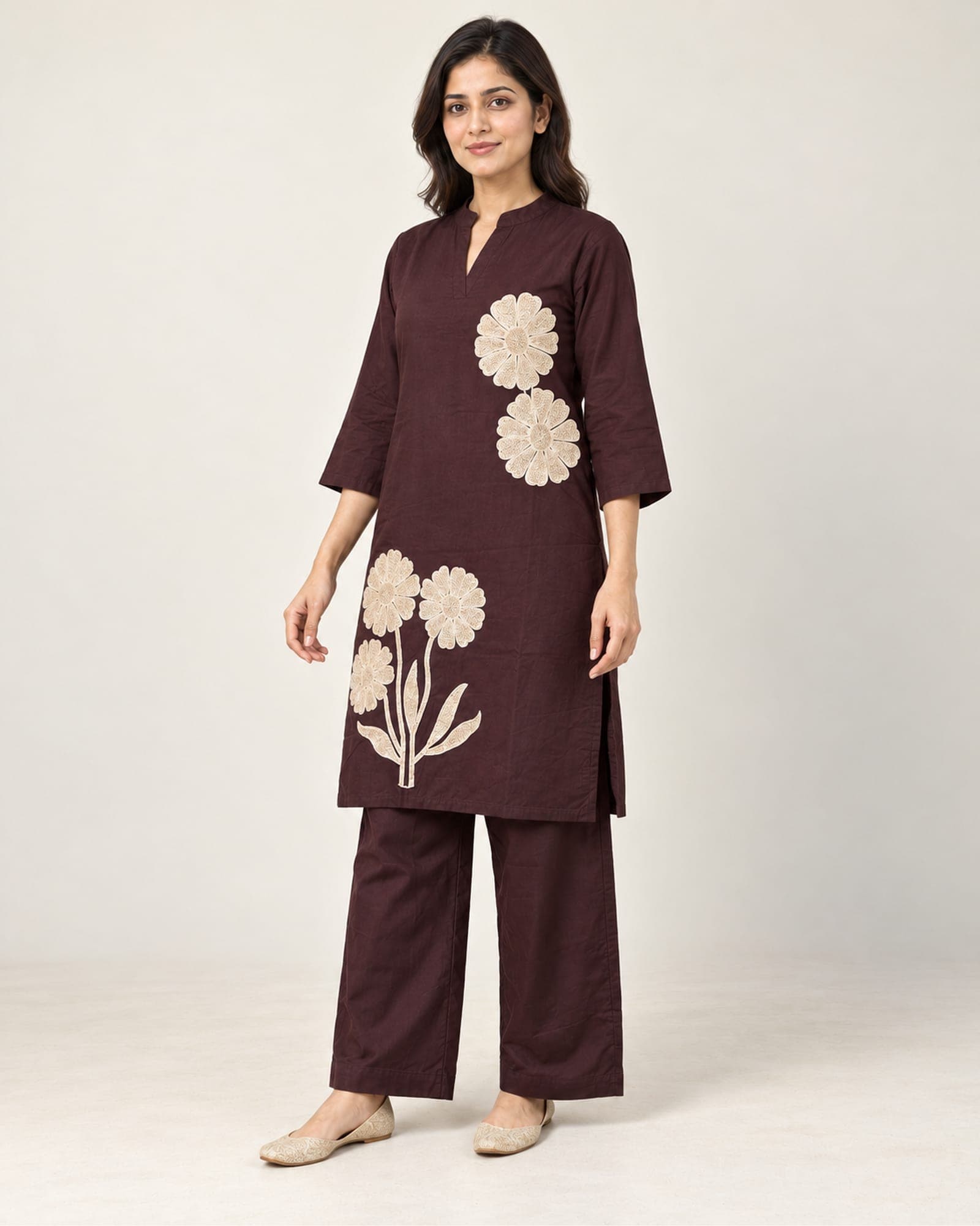 Wine Floral Embroidered 2-Piece Kurti & Wide-Leg Pant Set, photo 2 of 4
