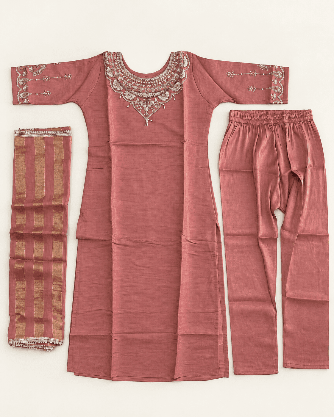 Embellished Round-Neck Kurti, Pants & Striped Dupatta Set — 3 Piece (Pink / Blue-Grey), photo 5 of 9