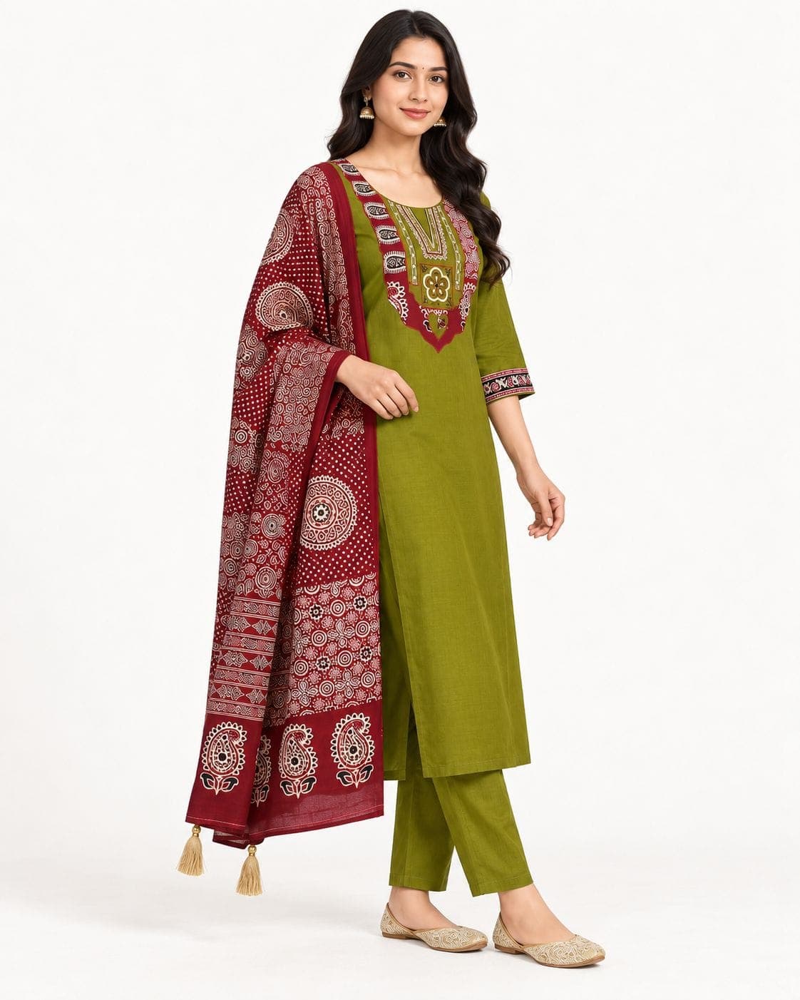 Olive Green Printed Panel Kurti, Pants & Maroon Dupatta Set — 3 Piece