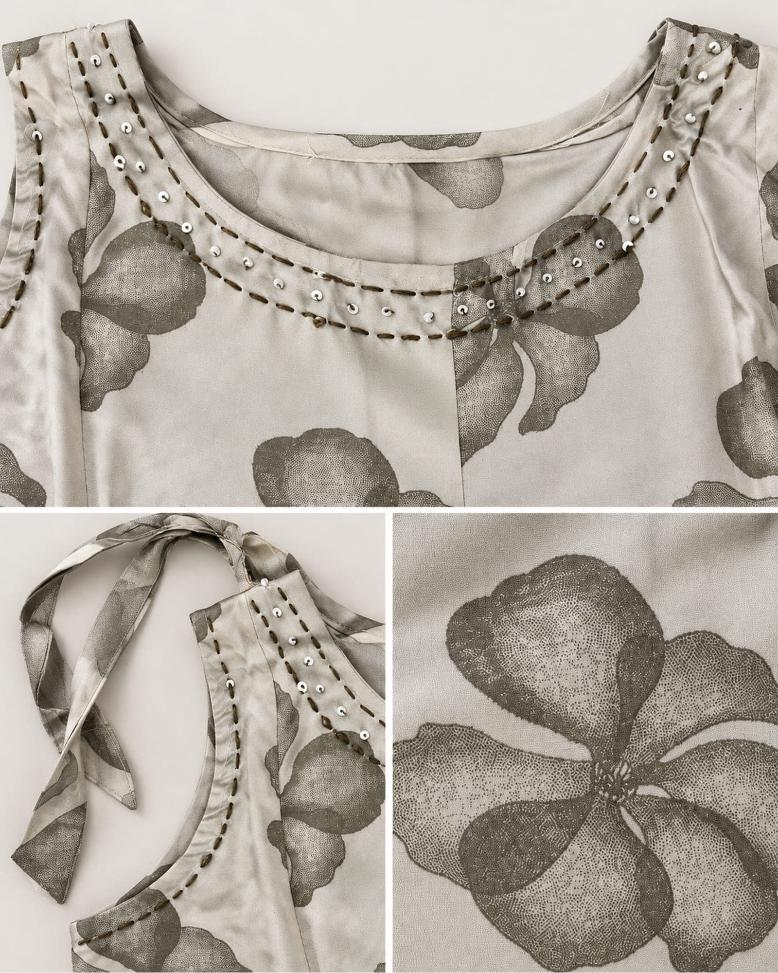 Ivory Grey Floral Sleeveless Tunic with Bead Details — Top Only, photo 5 of 5