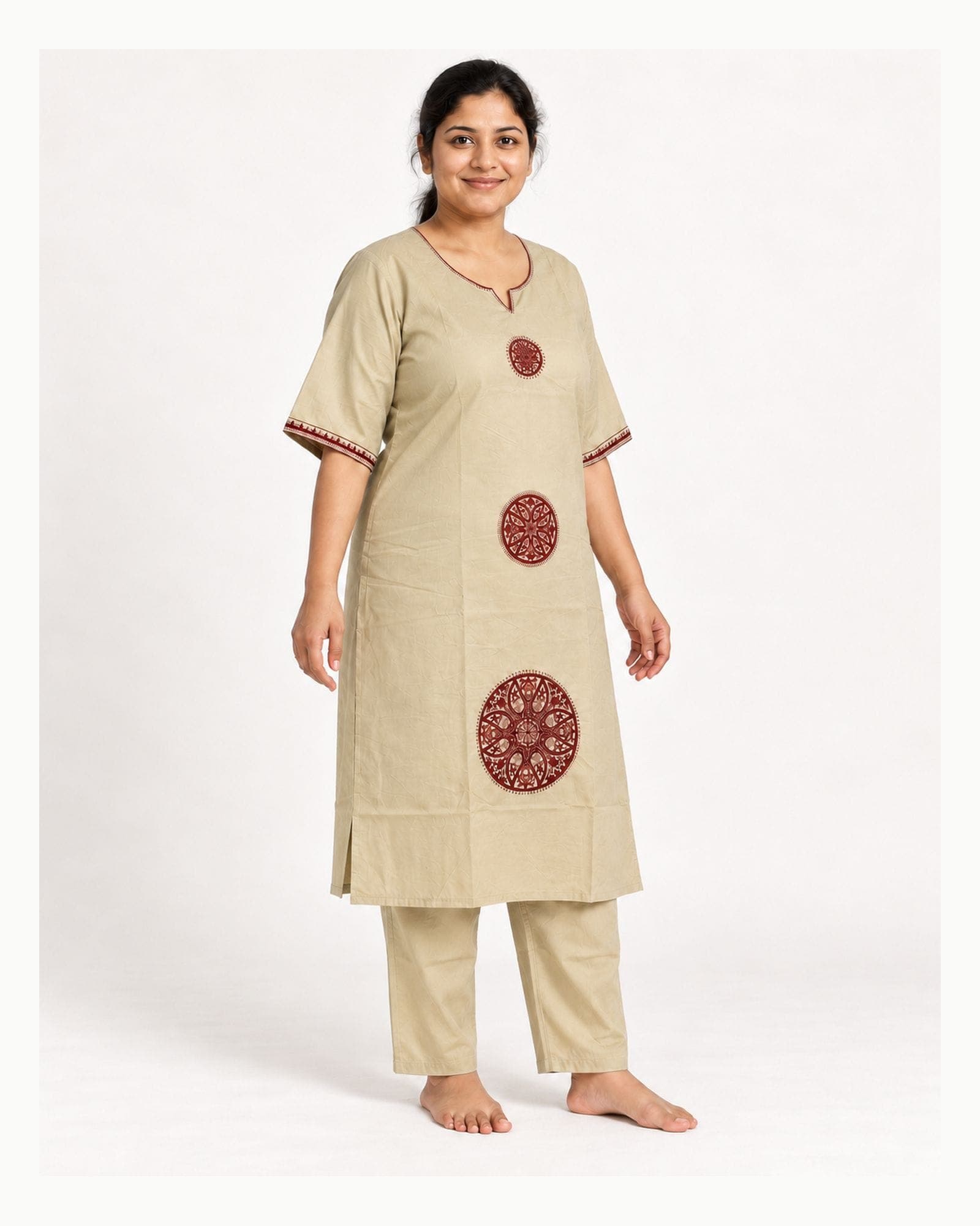 Beige 2-Piece Kurti & Straight Pant Set with Maroon Motifs