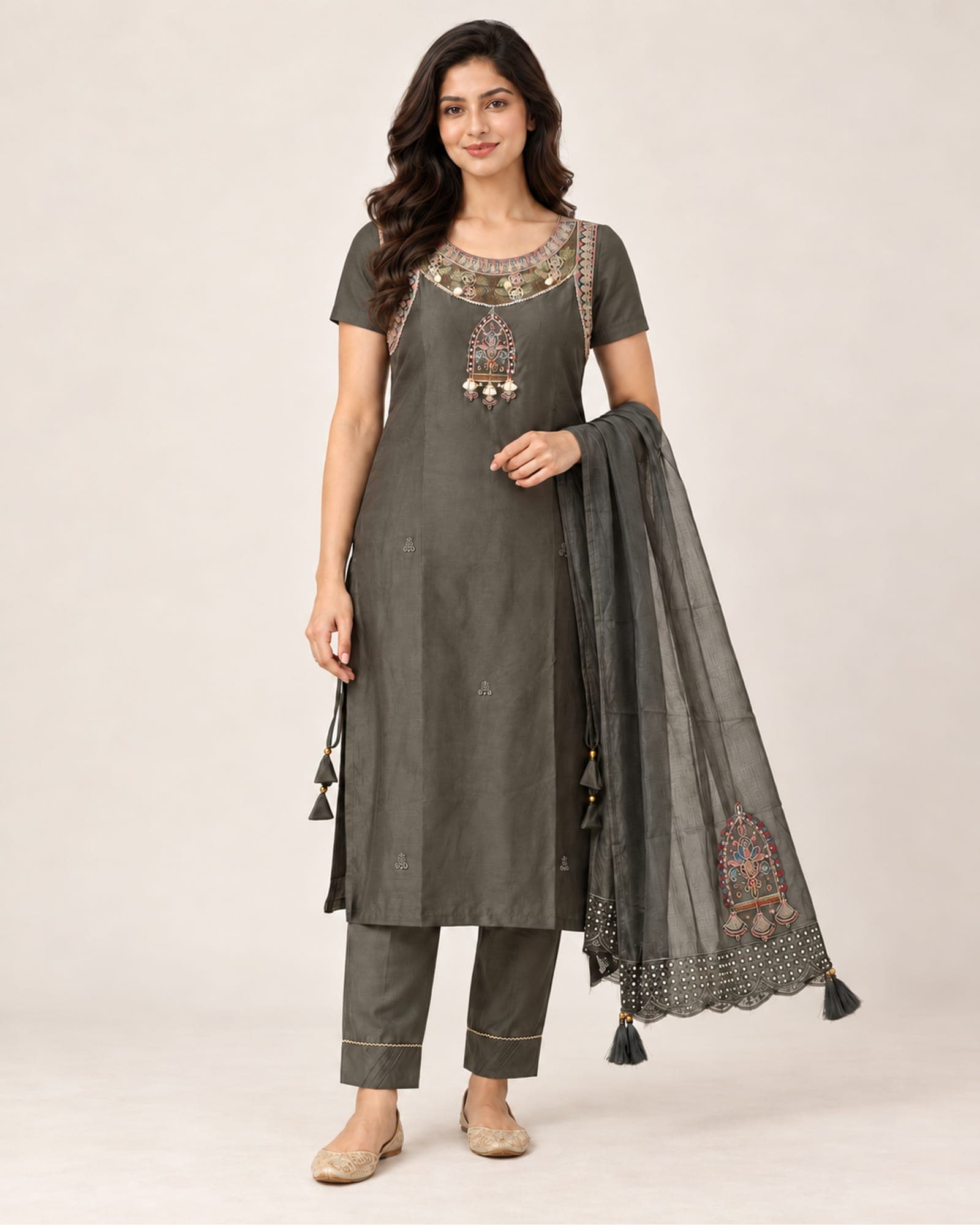 Charcoal Grey Embroidered Kurti, Straight Pants & Dupatta Set — 3 Piece, photo 4 of 8