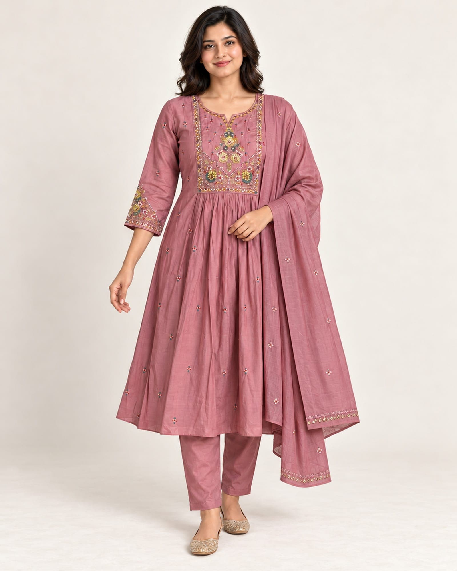 Dusty Rose Embroidered 3-Piece Kurti, Pants & Dupatta Set