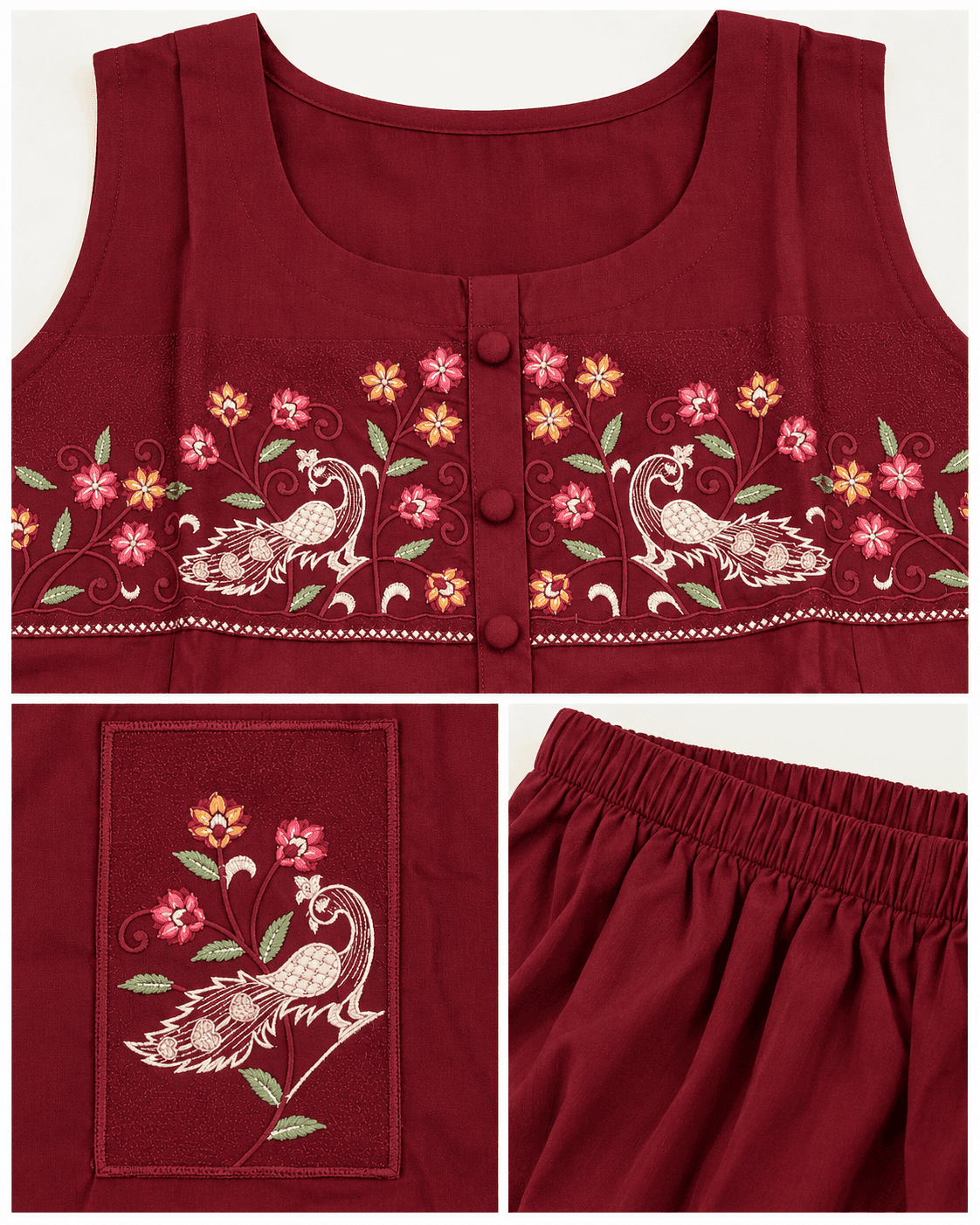 Maroon Bird-and-Floral Embroidered Kurti & Pants Set — 2 Piece, photo 6 of 6