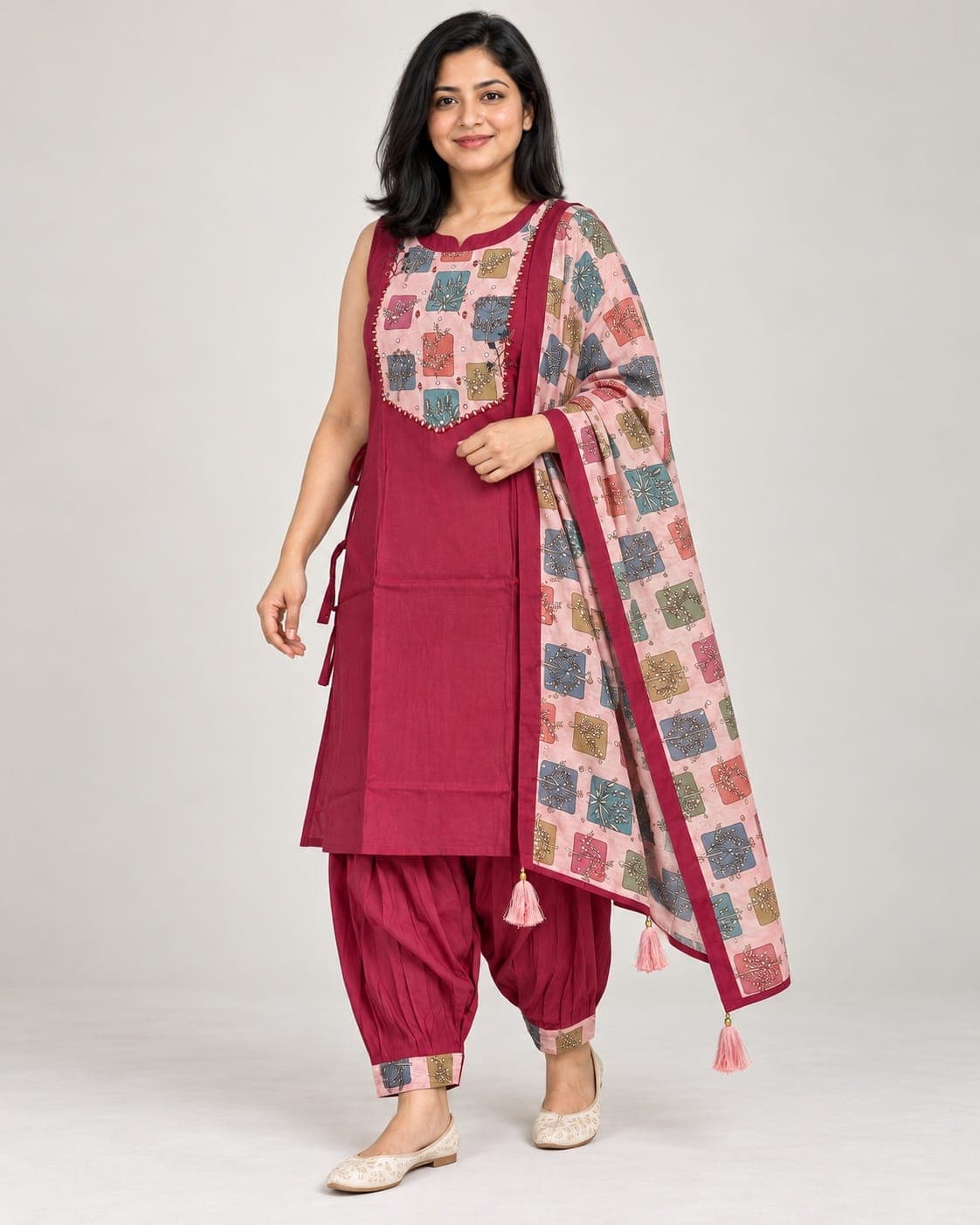 Deep Pink Panel Kurti, Afghan Pants & Printed Dupatta Set — 3 Piece, photo 3 of 6