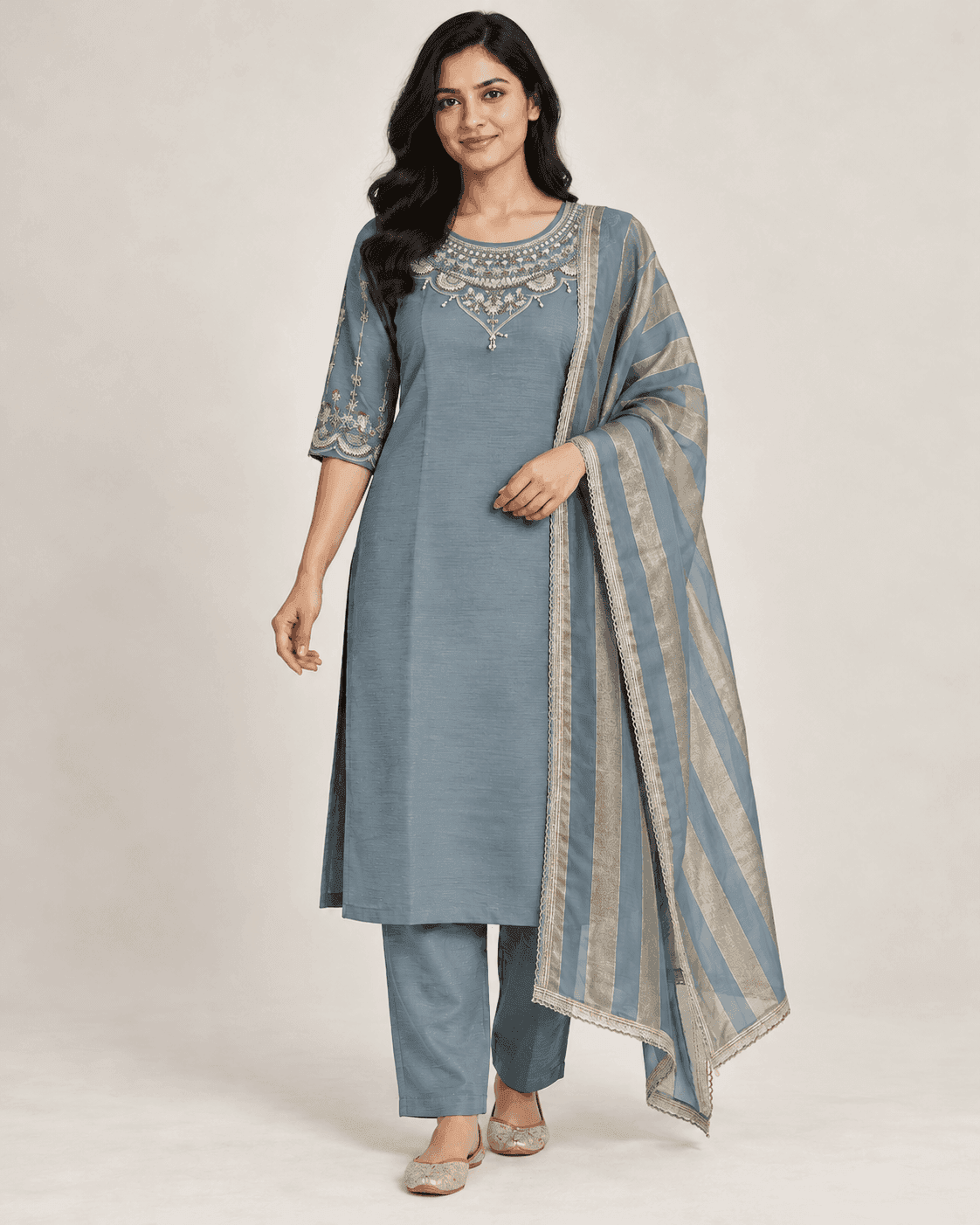 Embellished Round-Neck Kurti, Pants & Striped Dupatta Set — 3 Piece (Pink / Blue-Grey), photo 2 of 9