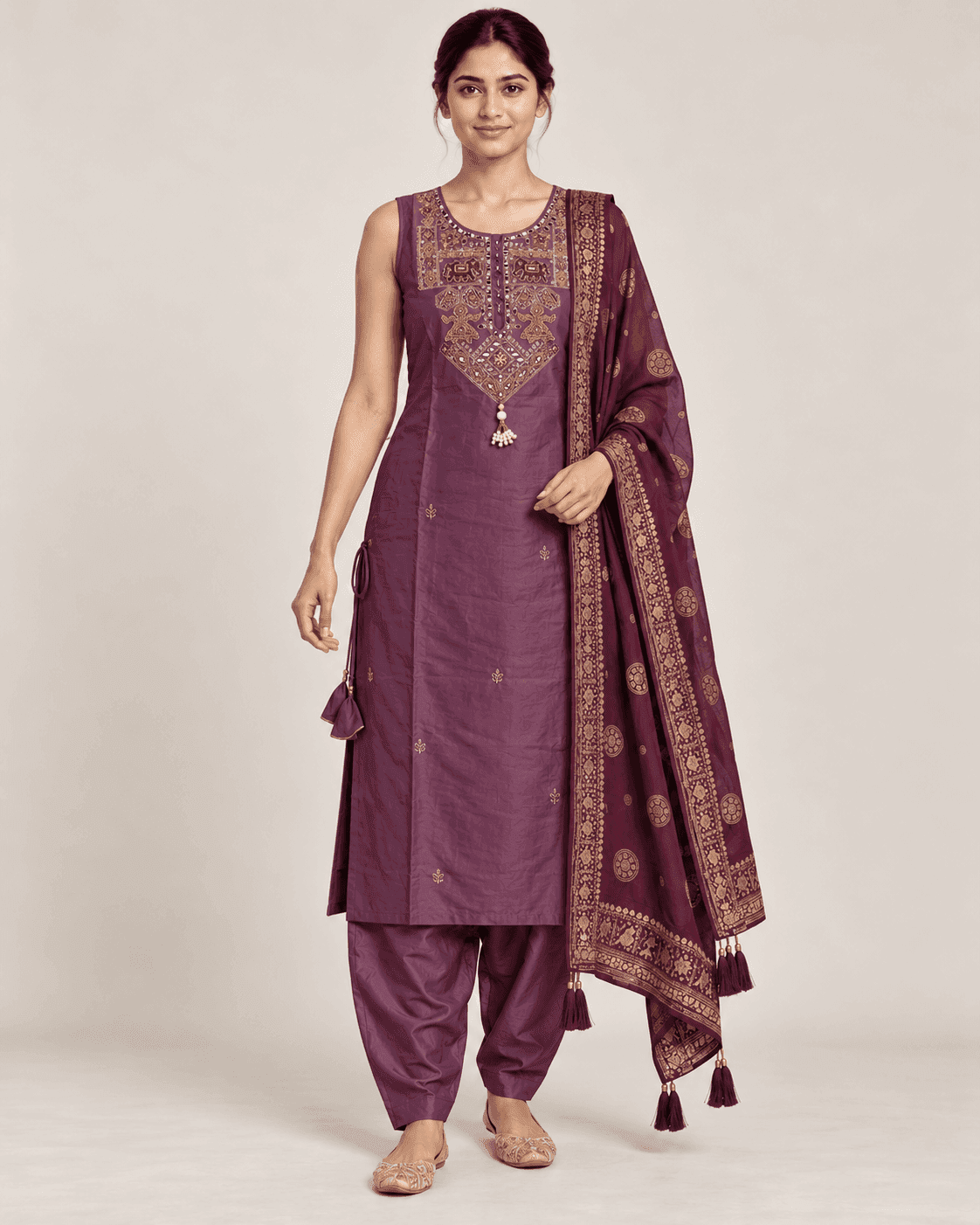 Elephant-Motif Embellished Kurti, Pants & Dupatta Set — 3 Piece (Cream Beige / Purple), photo 3 of 13