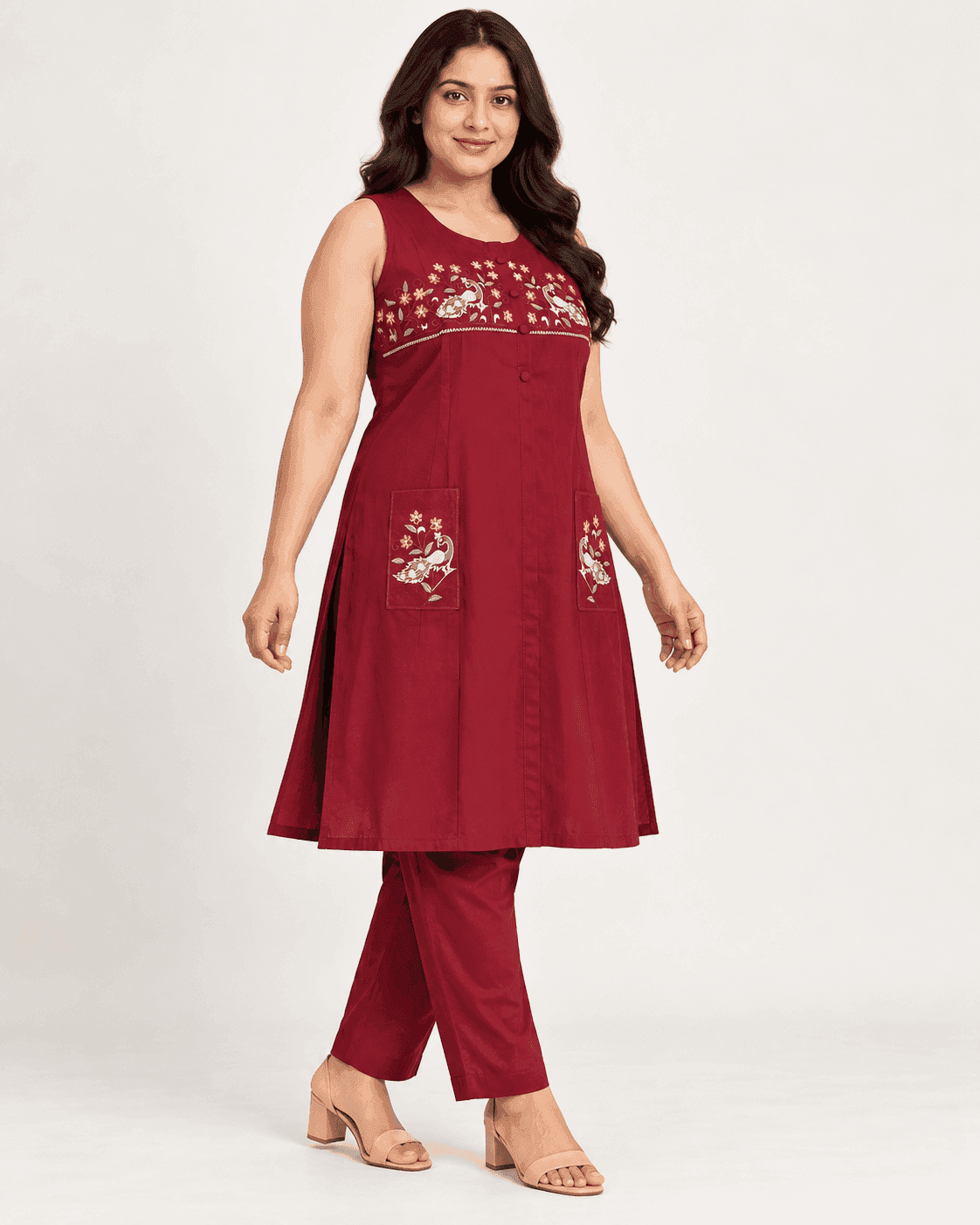 Maroon Bird-and-Floral Embroidered Kurti & Pants Set — 2 Piece, photo 3 of 6