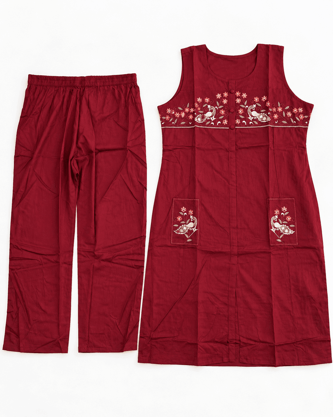 Maroon Bird-and-Floral Embroidered Kurti & Pants Set — 2 Piece, photo 5 of 6