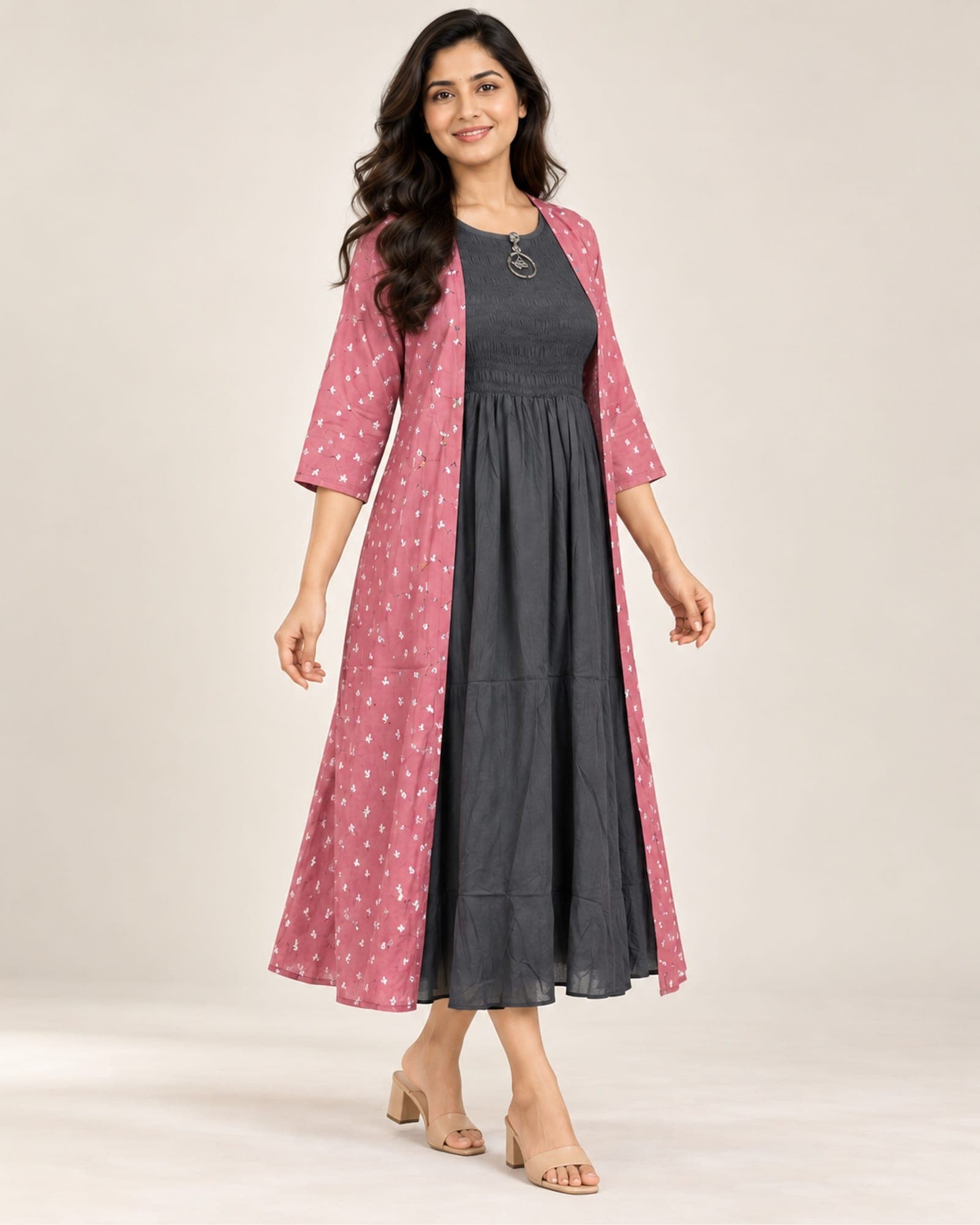 Charcoal Smocked Inner Dress & Pink Printed Koti — 2-Piece Set, photo 2 of 4