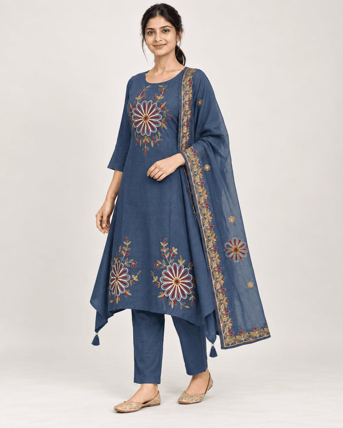 Floral Embroidered Kurti, Pants & Dupatta Set — 3 Piece (Dark Blue), photo 2 of 4