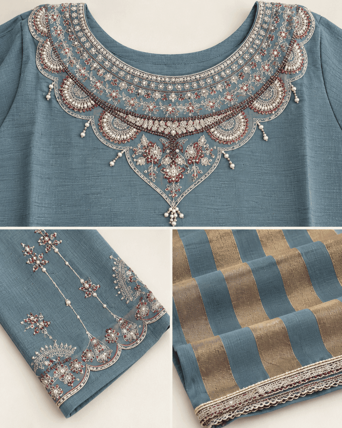 Embellished Round-Neck Kurti, Pants & Striped Dupatta Set — 3 Piece (Pink / Blue-Grey), photo 8 of 9