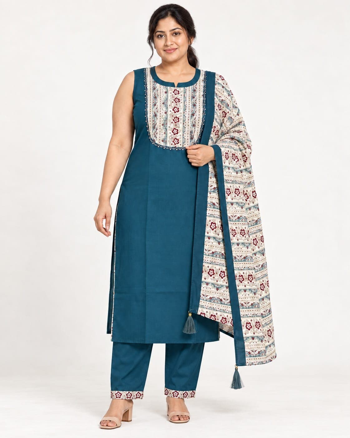 Deep Teal Floral Panel Kurti, Pants & Printed Dupatta Set — 3 Piece
