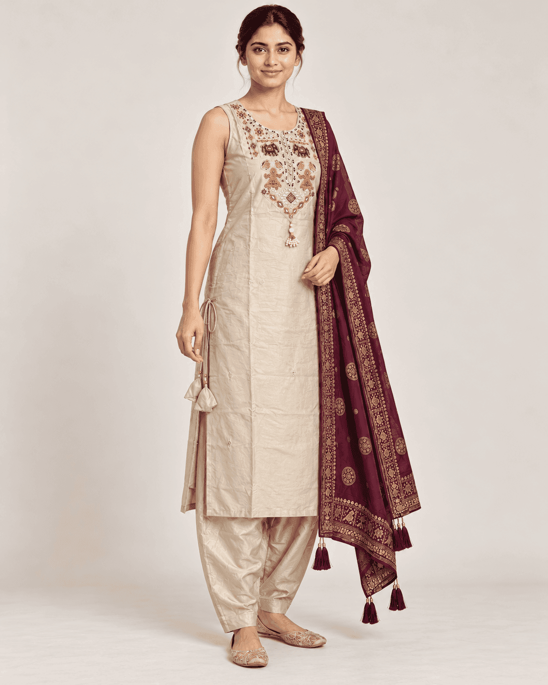 Elephant-Motif Embellished Kurti, Pants & Dupatta Set — 3 Piece (Cream Beige / Purple), photo 5 of 13
