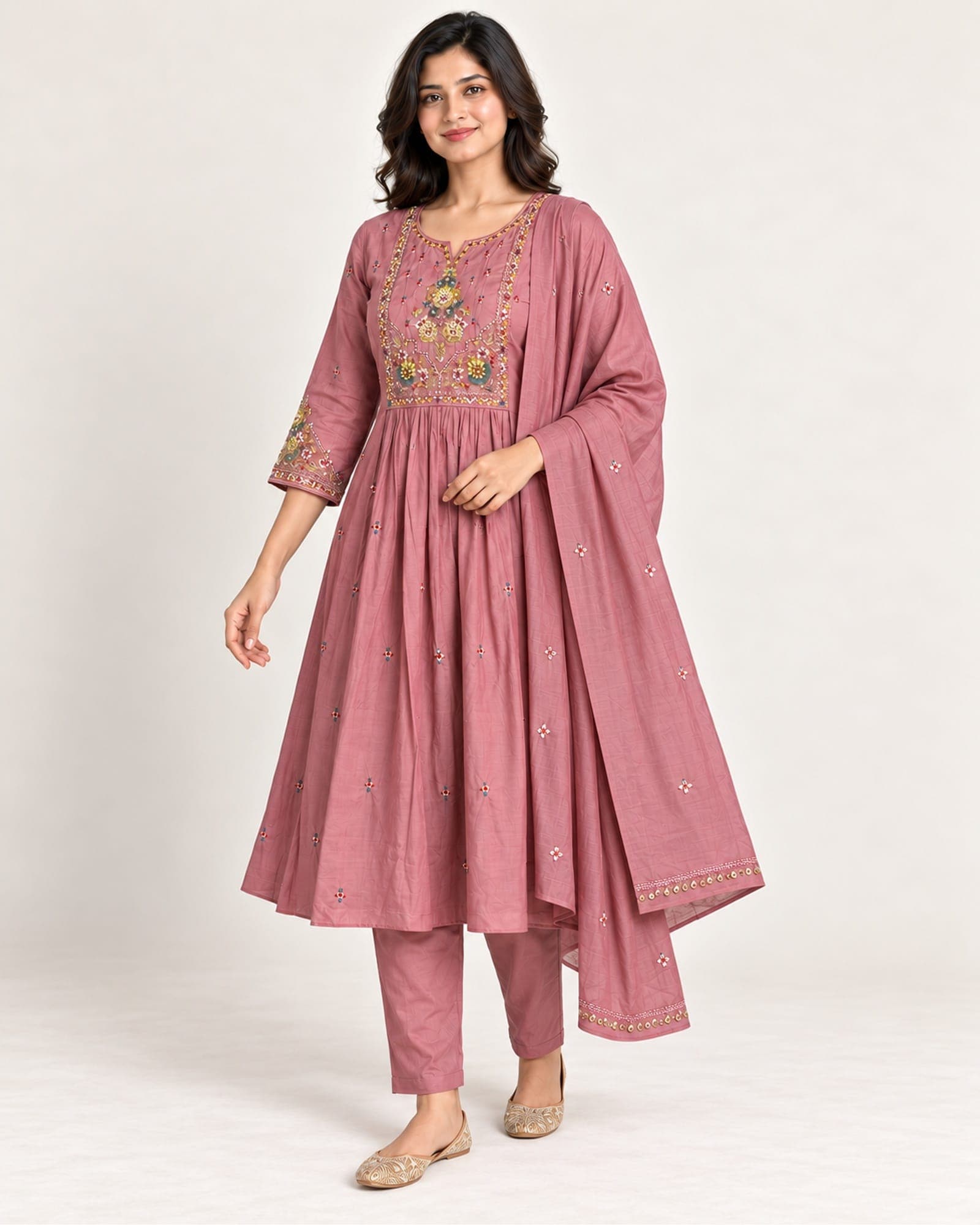 Dusty Rose Embroidered 3-Piece Kurti, Pants & Dupatta Set, photo 2 of 4