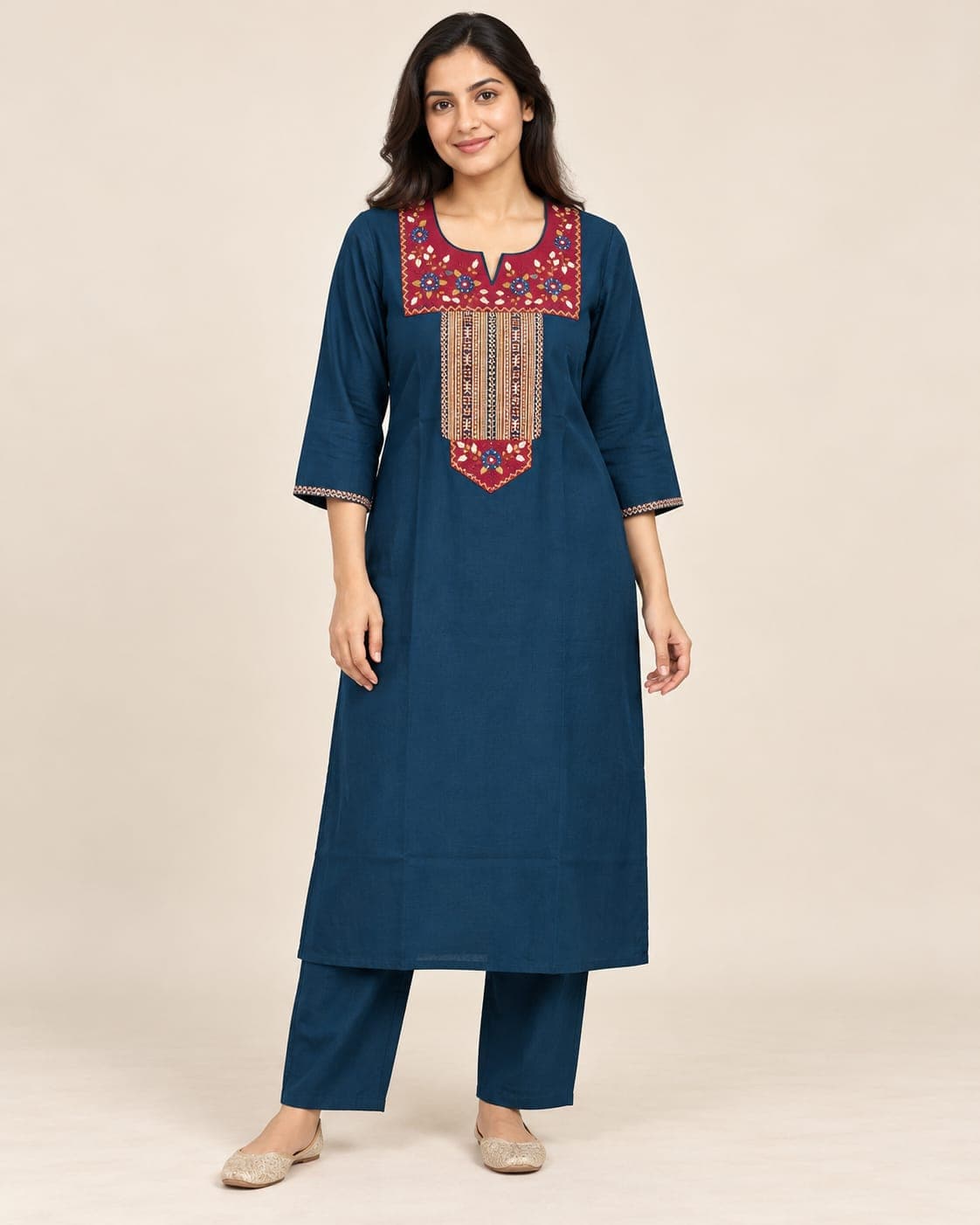 Deep Teal Floral-Yoke Kurti & Pants — 2-Piece Set, photo 1 of 4