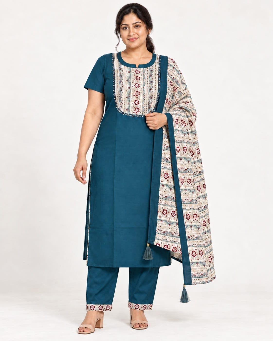 Deep Teal Floral Panel Kurti, Pants & Printed Dupatta Set — 3 Piece, photo 2 of 6