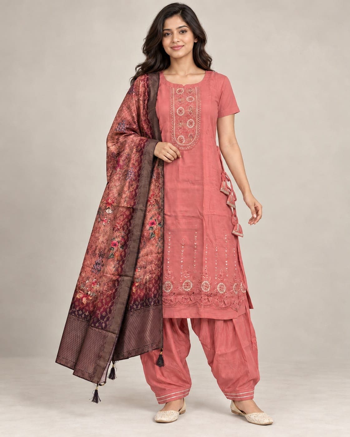 Dusty Pink Embellished Kurti, Afghan Pants & Printed Dupatta Set — 3 Piece, photo 2 of 6