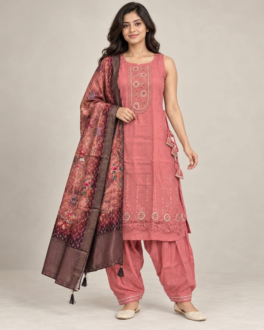 Dusty Pink Embellished Kurti, Afghan Pants & Printed Dupatta Set — 3 Piece