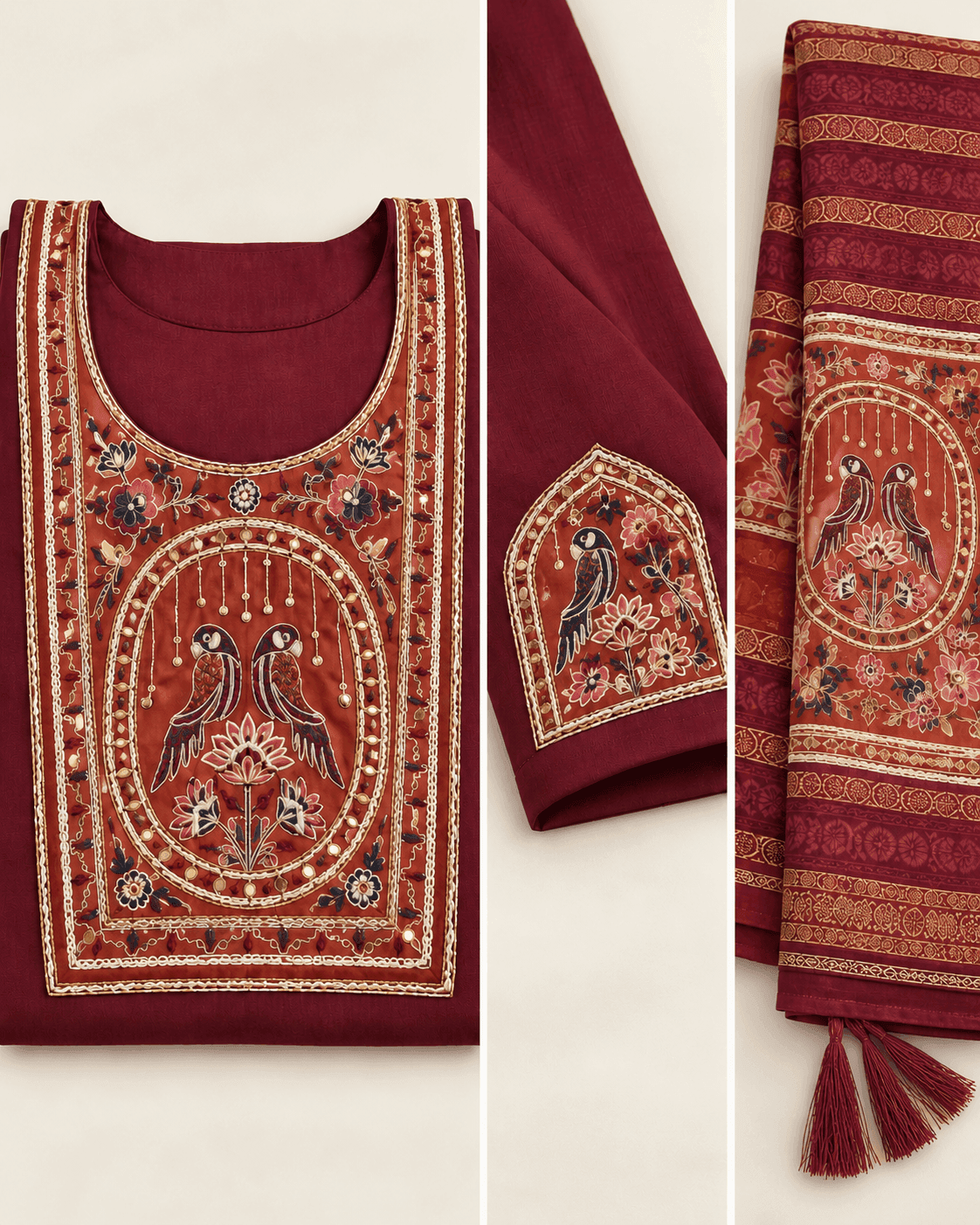 Bird-Motif Embellished Kurti, Pants & Dupatta Set — 3 Piece (Green / Sky Blue / Maroon), photo 12 of 13