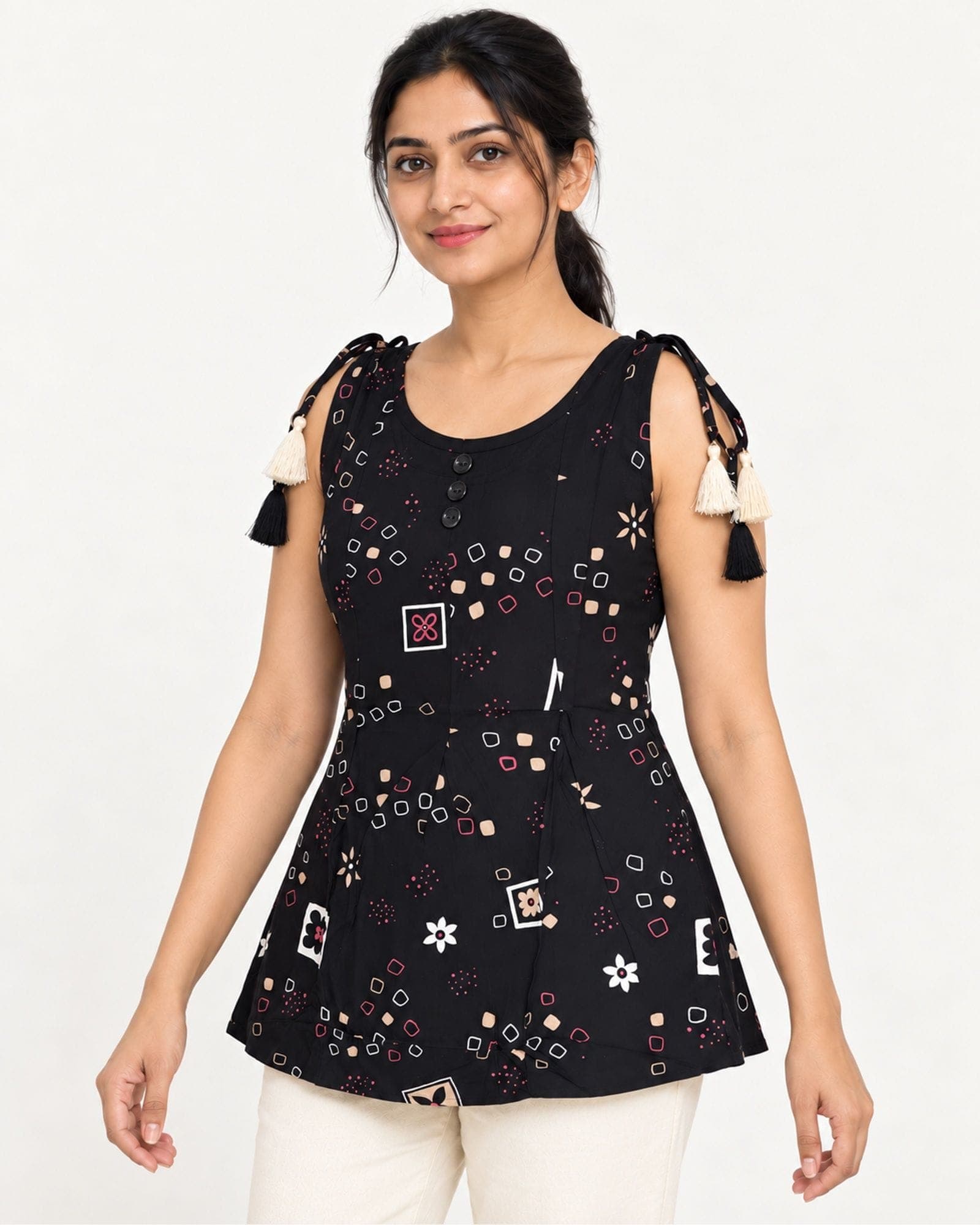 Black Floral & Geometric Print Flared Top — Top Only, photo 2 of 3