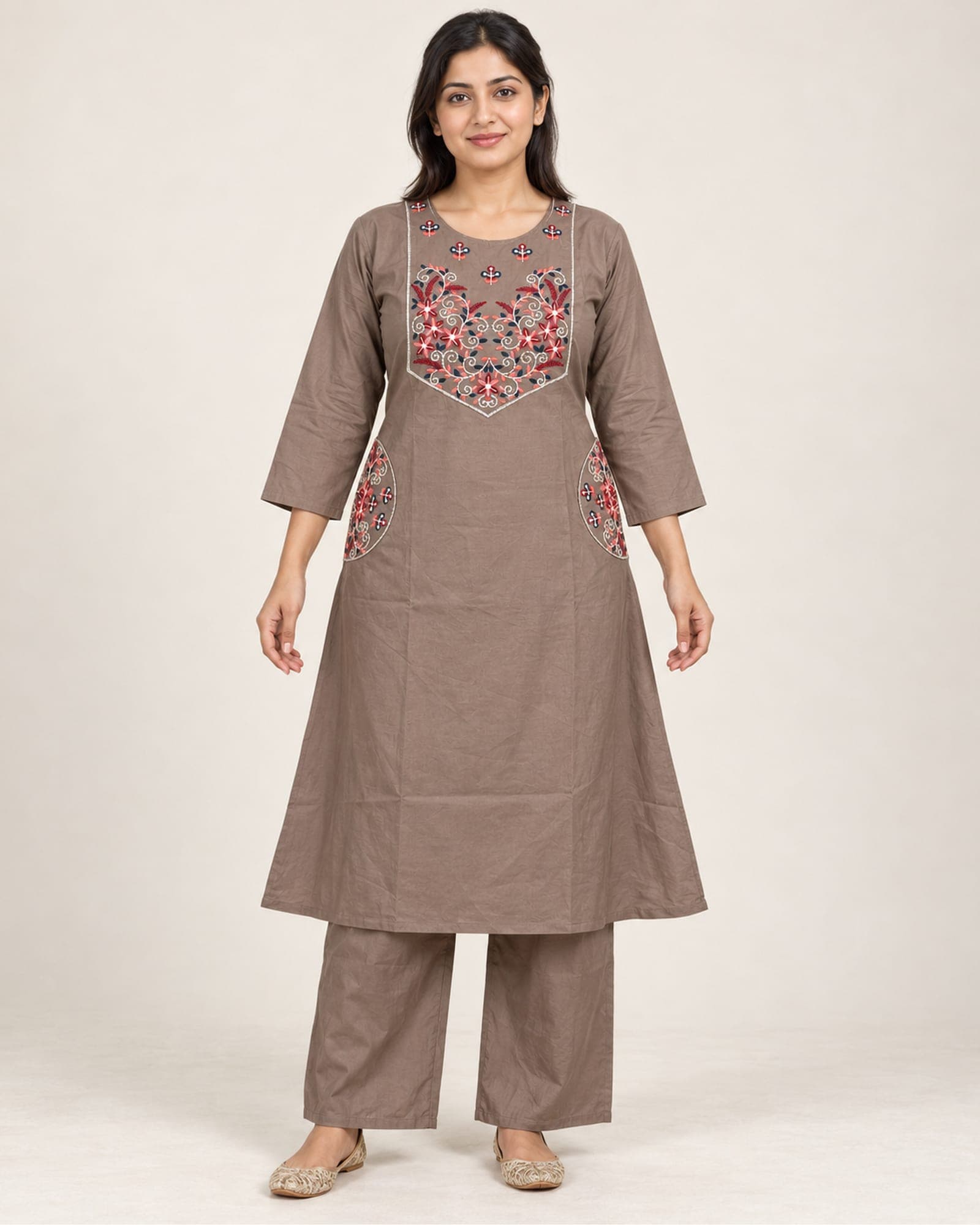 Taupe Floral Embroidered 2-Piece Kurti & Pants Set with Side Pockets, photo 1 of 4