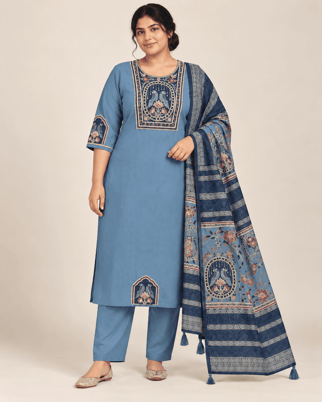 Bird-Motif Embellished Kurti, Pants & Dupatta Set — 3 Piece (Green / Sky Blue / Maroon), photo 5 of 13
