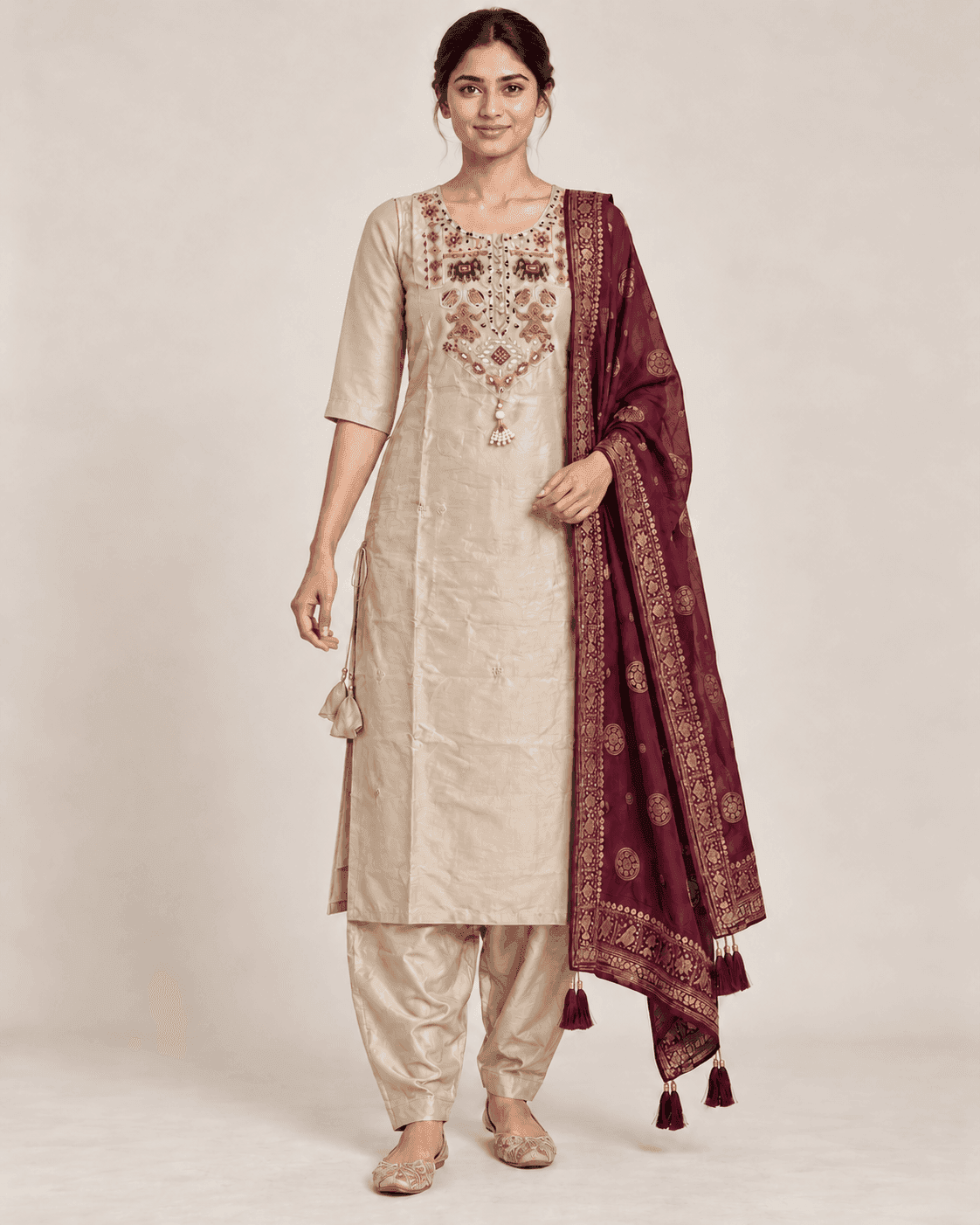 Elephant-Motif Embellished Kurti, Pants & Dupatta Set — 3 Piece (Cream Beige / Purple), photo 2 of 13