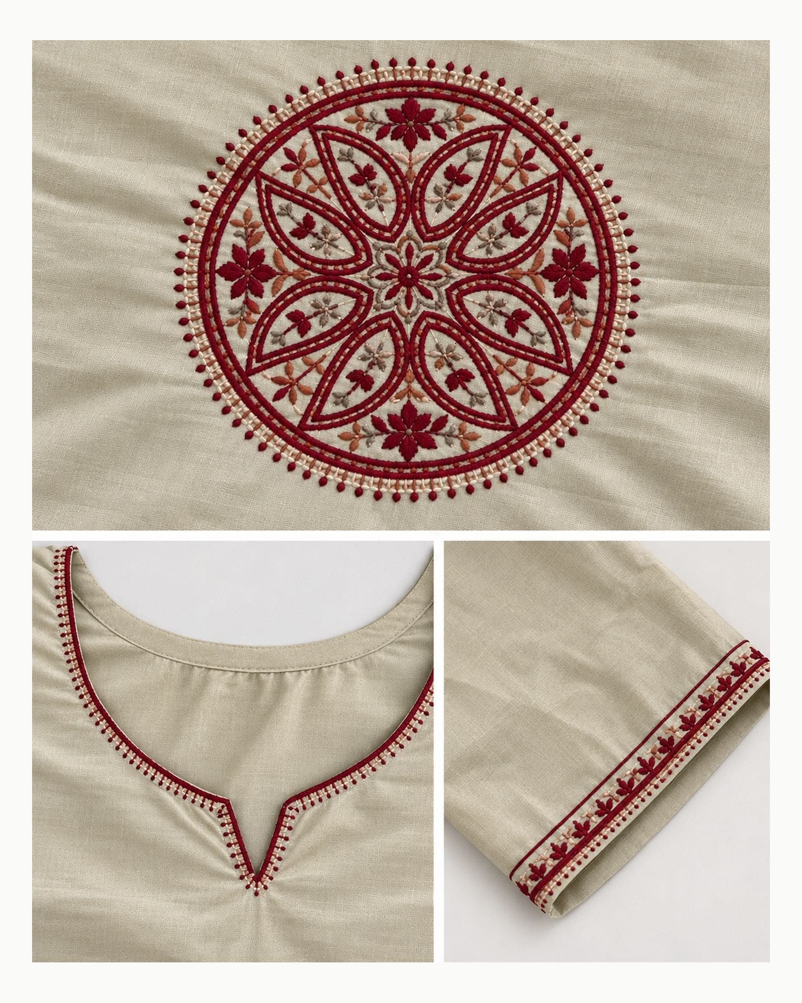 Beige 2-Piece Kurti & Straight Pant Set with Maroon Motifs, photo 4 of 4