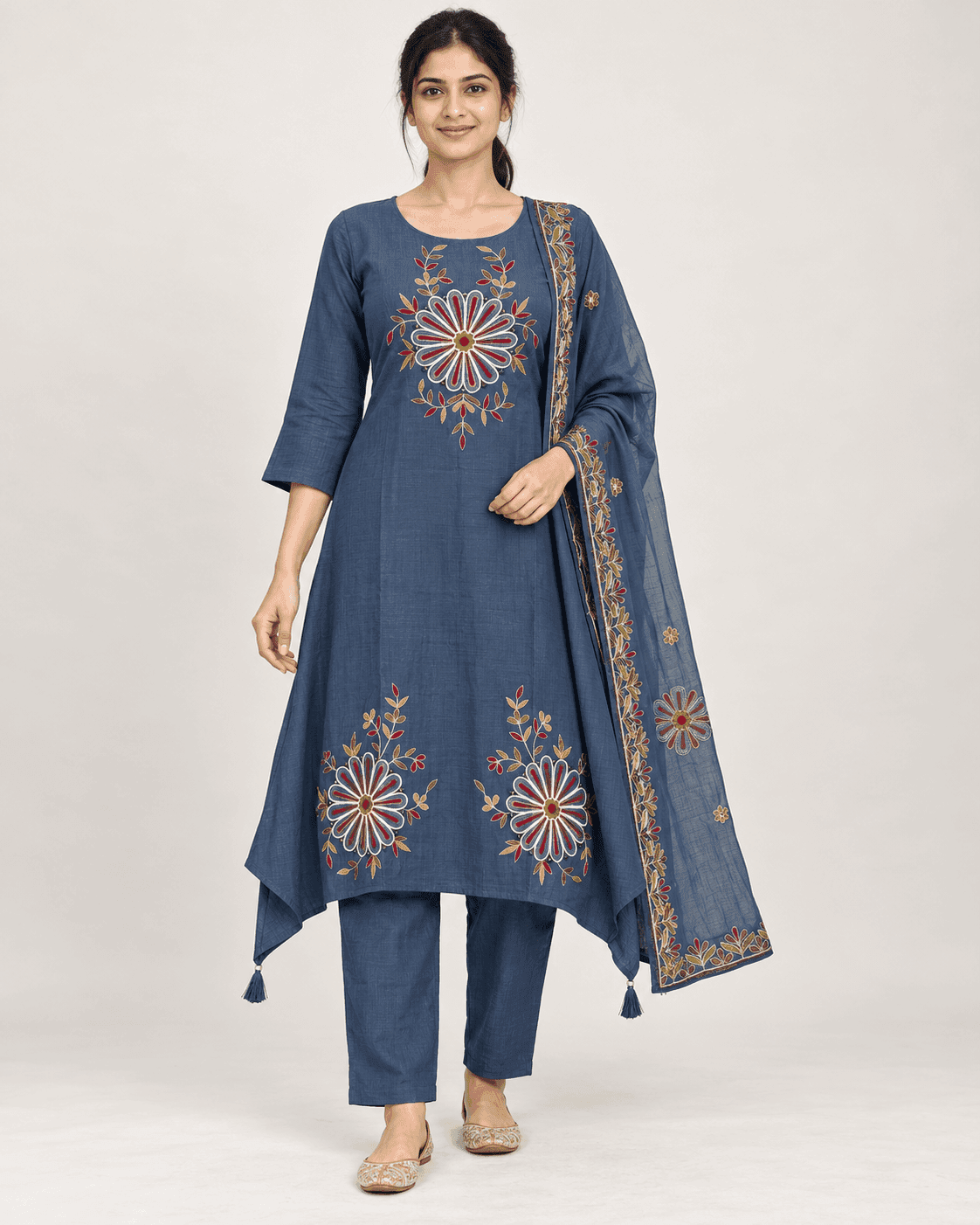 Floral Embroidered Kurti, Pants & Dupatta Set — 3 Piece (Dark Blue)