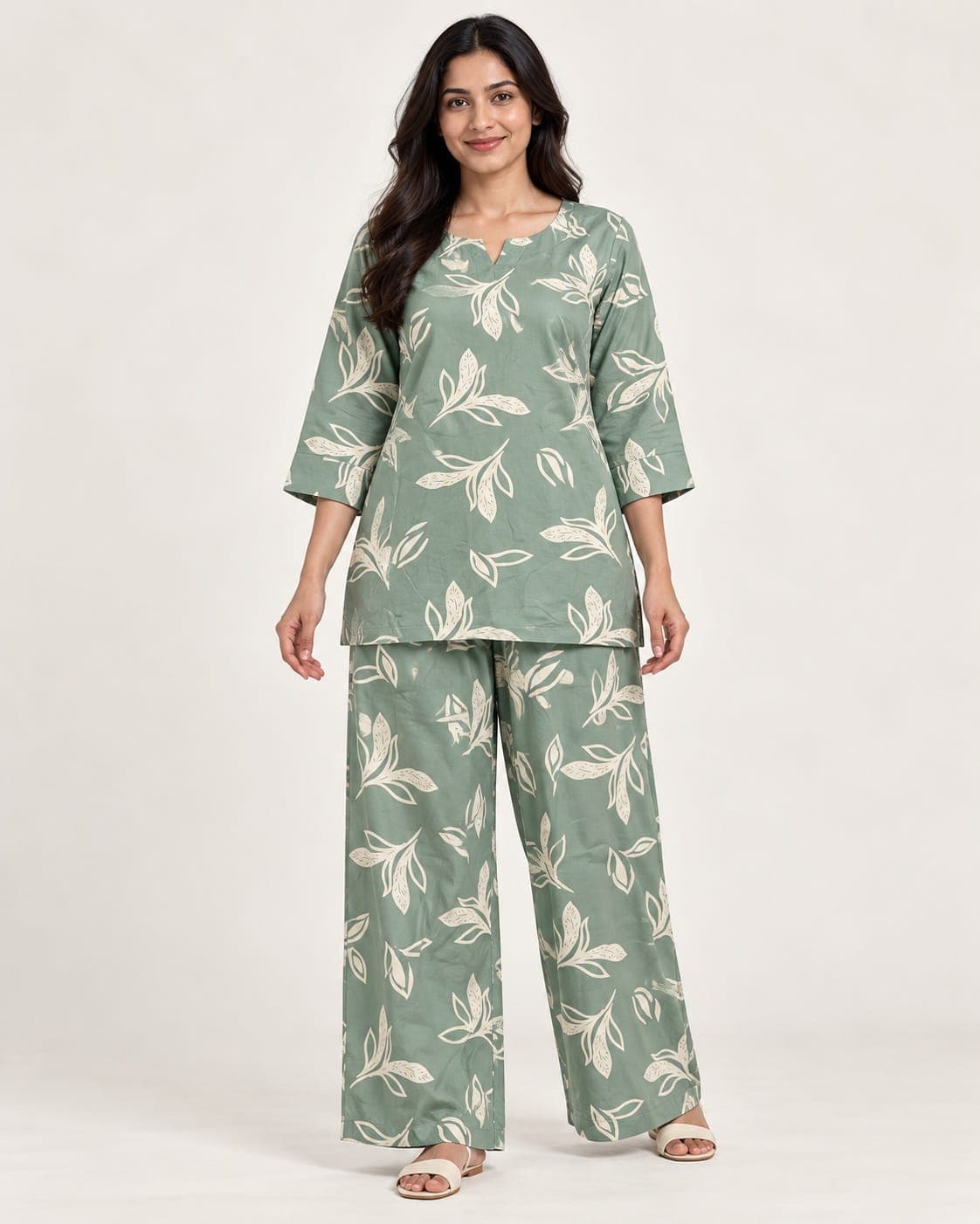 Sage Green Botanical Leaf Print Tunic & Palazzo Set — 2 Piece