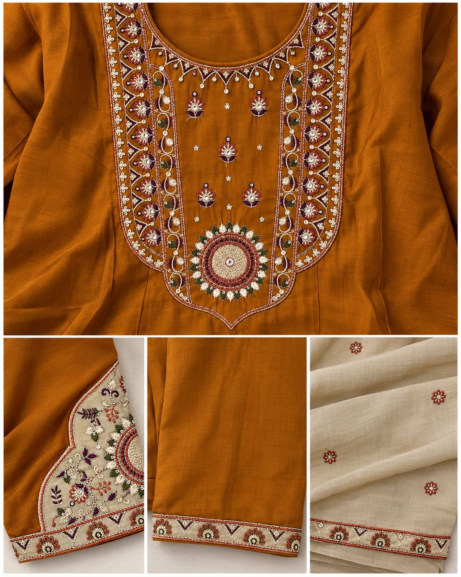 Mustard Embroidered 3-Piece Kurti, Pants & Cream Dupatta Set, photo 4 of 4
