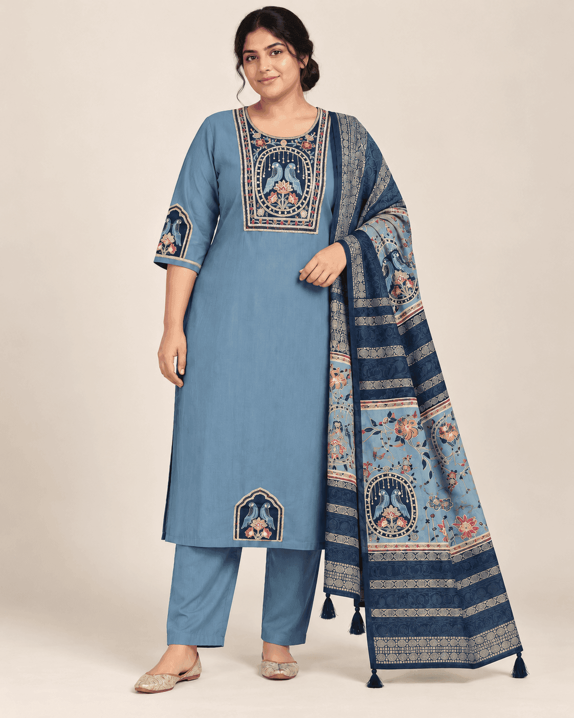 Bird-Motif Embellished Kurti, Pants & Dupatta Set — 3 Piece (Green / Sky Blue / Maroon), photo 2 of 13