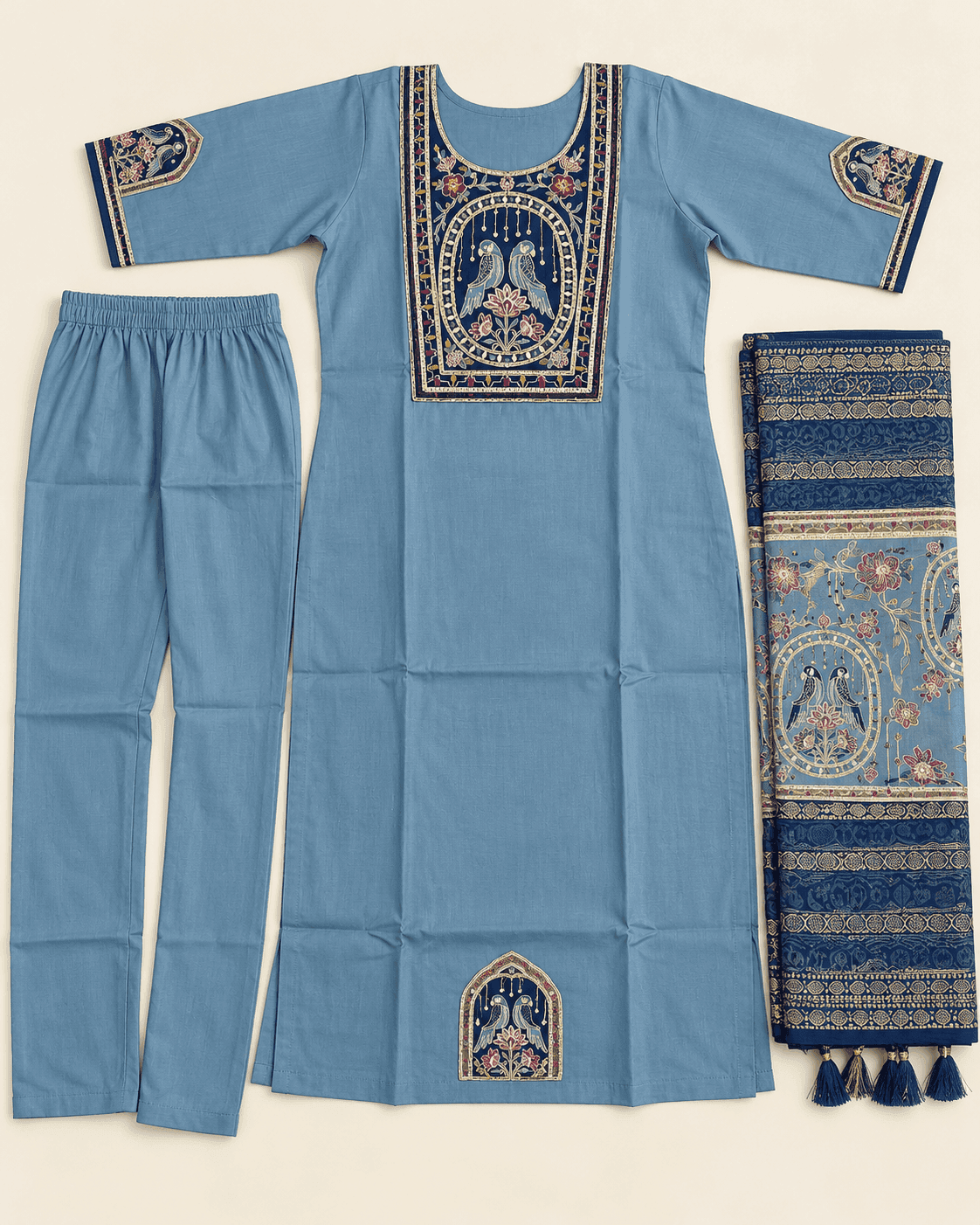 Bird-Motif Embellished Kurti, Pants & Dupatta Set — 3 Piece (Green / Sky Blue / Maroon), photo 8 of 13