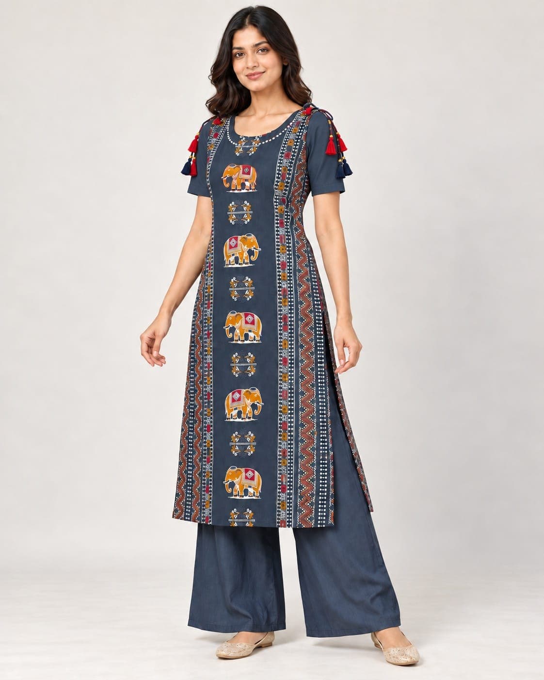 Elephant Motif Kurti & Palazzo Set — 2 Piece (Rust / Blue-Grey), photo 6 of 13