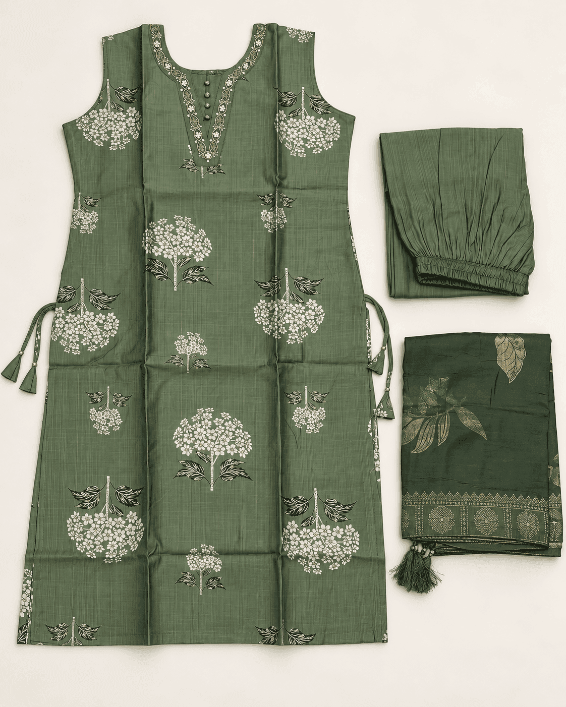 Floral-Tree Printed Long Kurti, Pants & Dupatta Set — 3 Piece (Pista Green / Purple), photo 9 of 13