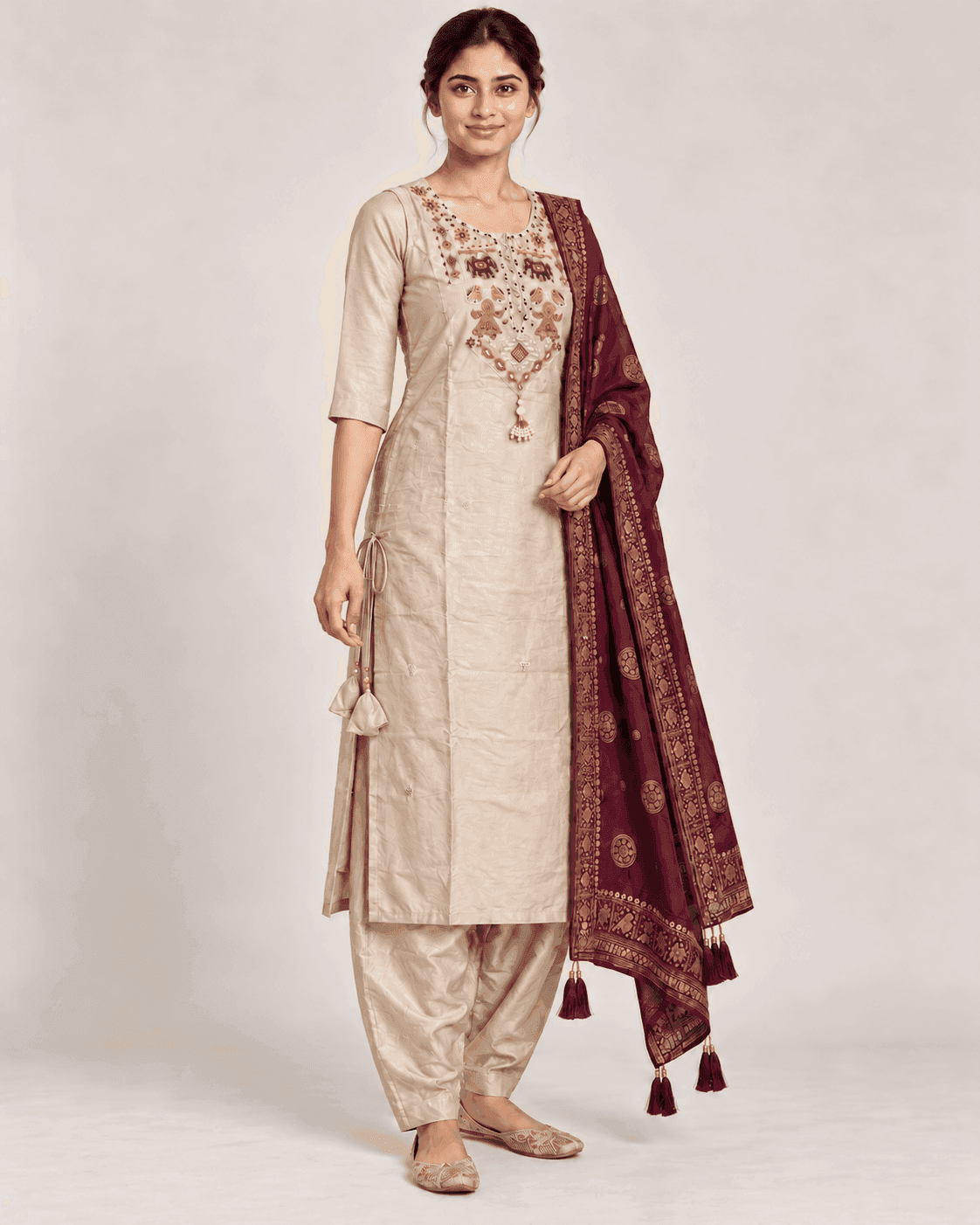 Elephant-Motif Embellished Kurti, Pants & Dupatta Set — 3 Piece (Cream Beige / Purple), photo 6 of 13