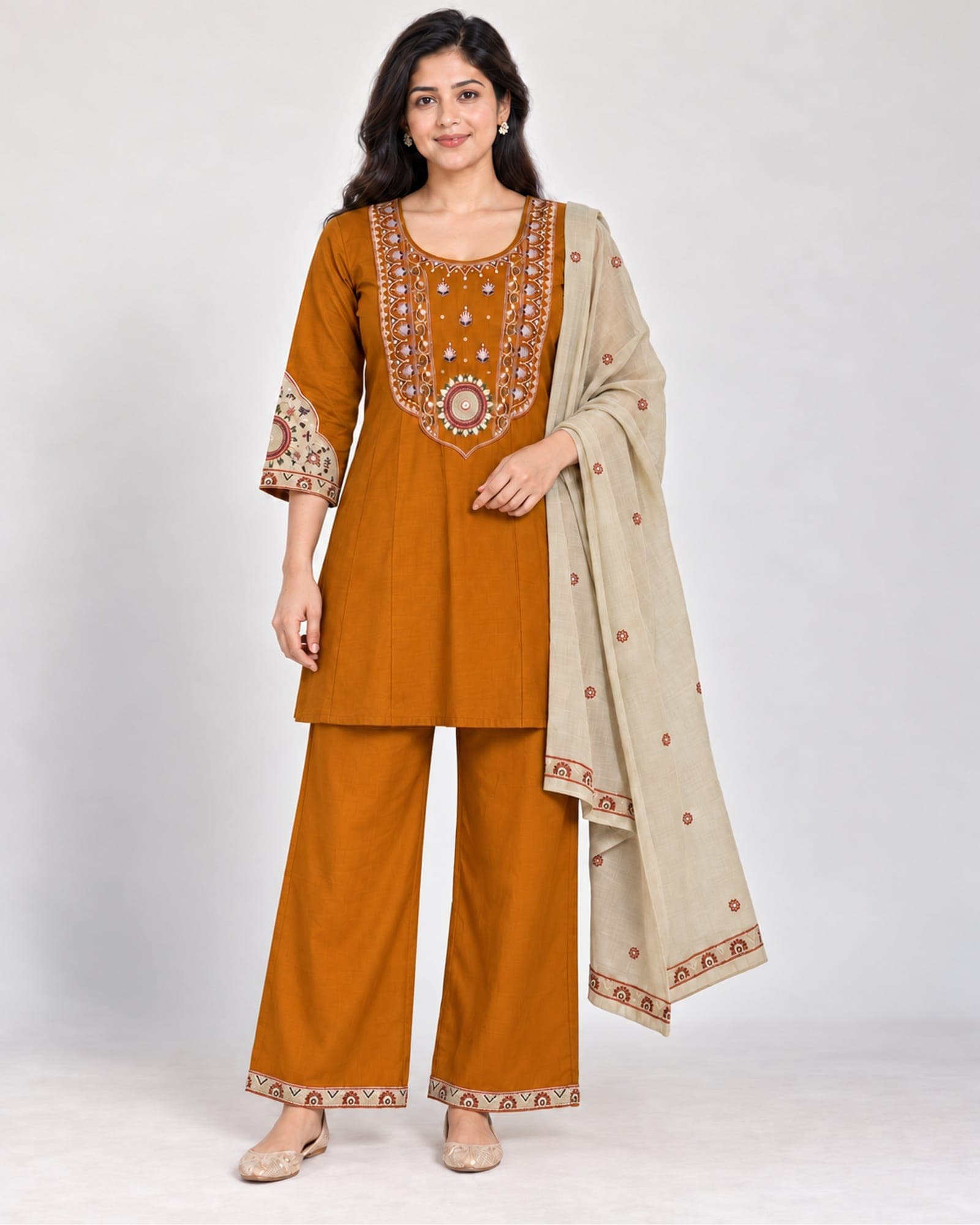 Mustard Embroidered 3-Piece Kurti, Pants & Cream Dupatta Set
