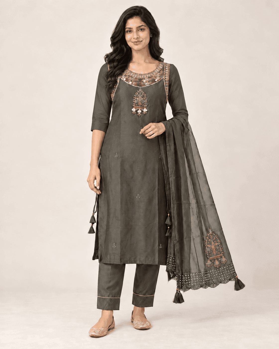 Charcoal Grey Embroidered Kurti, Straight Pants & Dupatta Set — 3 Piece