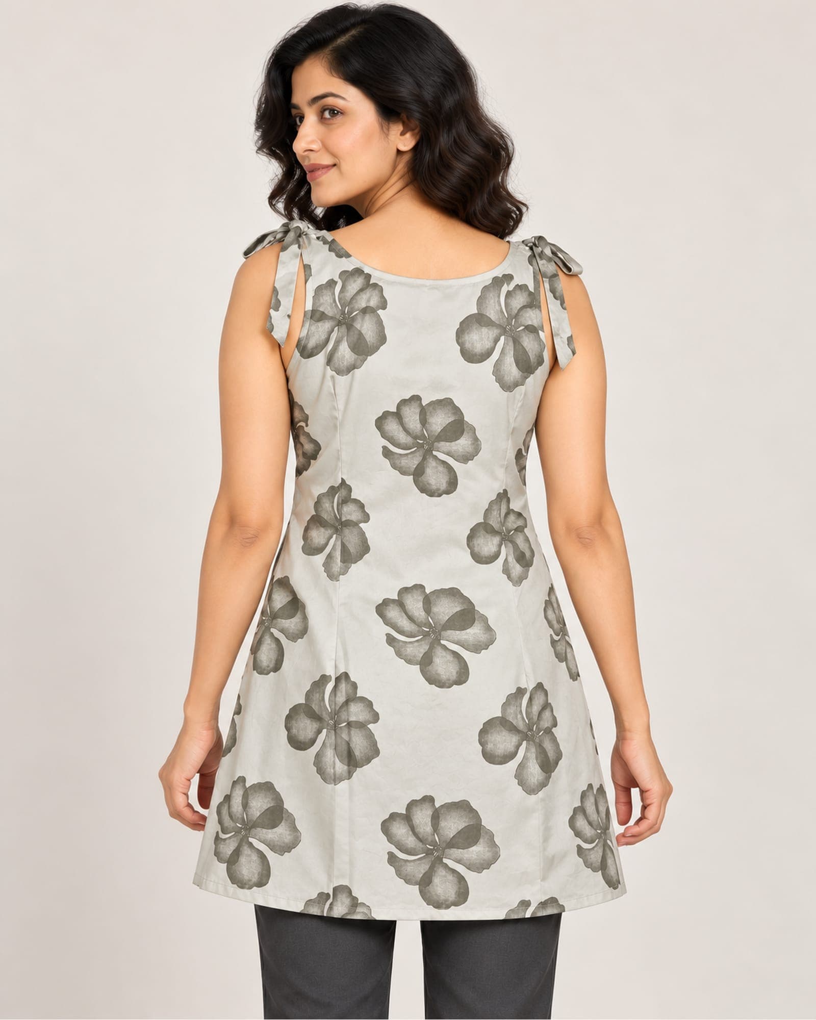 Ivory Grey Floral Sleeveless Tunic with Bead Details — Top Only, photo 3 of 5