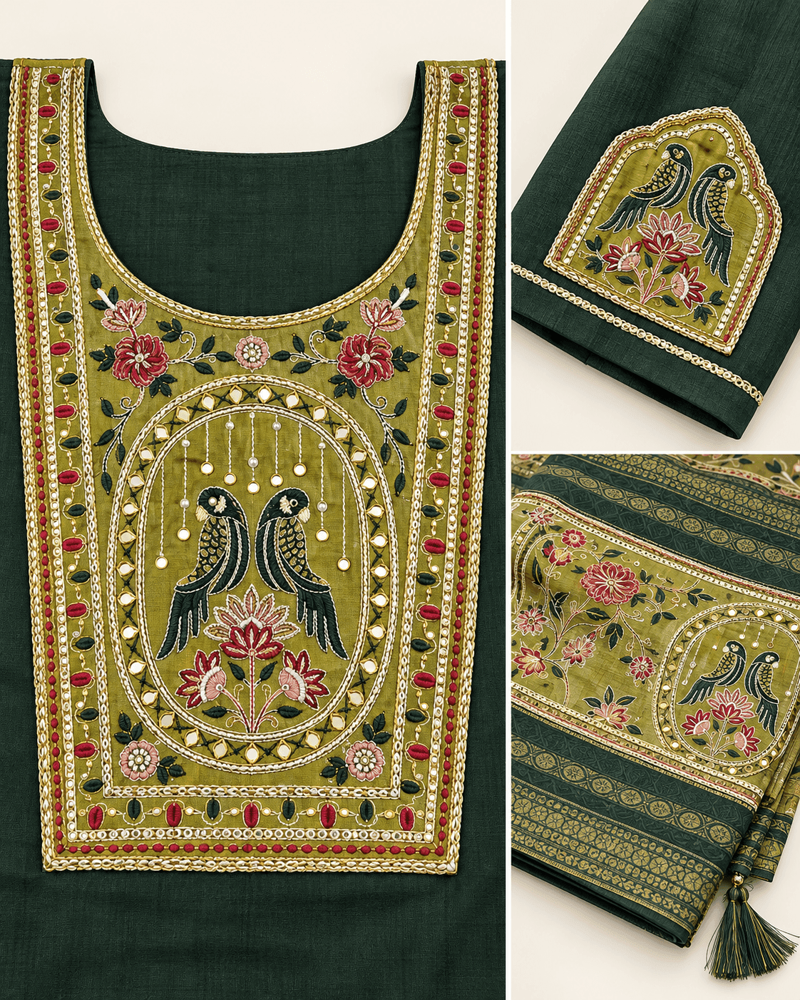 Bird-Motif Embellished Kurti, Pants & Dupatta Set — 3 Piece (Green / Sky Blue / Maroon), photo 10 of 13