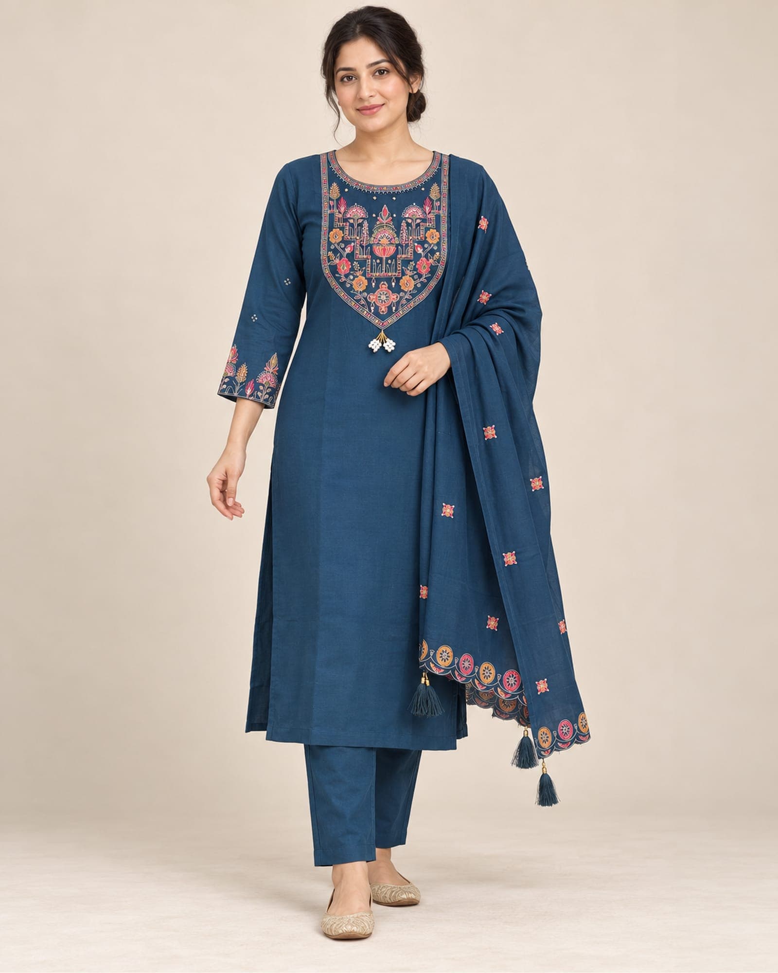 Teal Blue Multicolour Embroidered 3-Piece Kurta Suit with Pants & Dupatta
